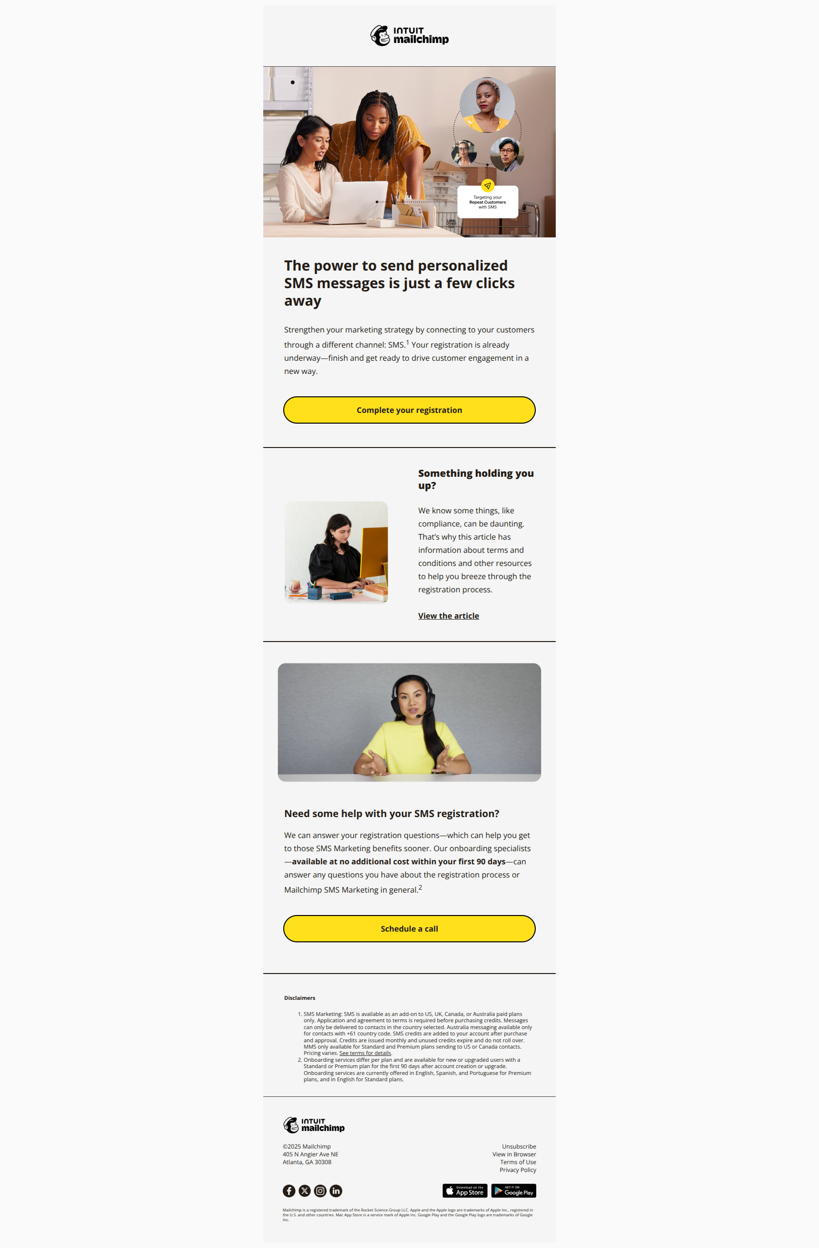 Almost there! Complete your SMS registration today — email screenshot from MailChimp