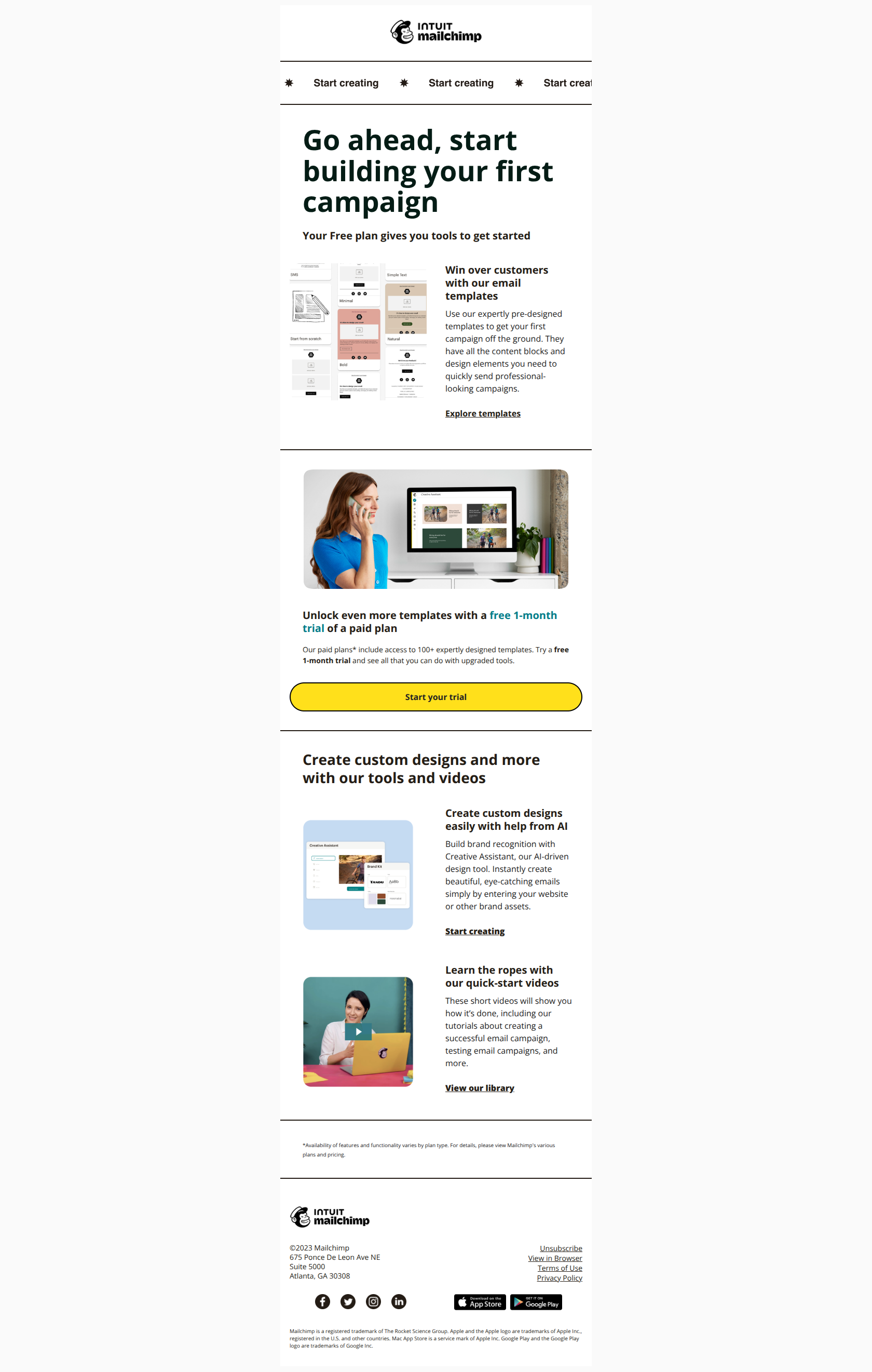 Inside: Resources and tools for building your first campaign — email screenshot from MailChimp