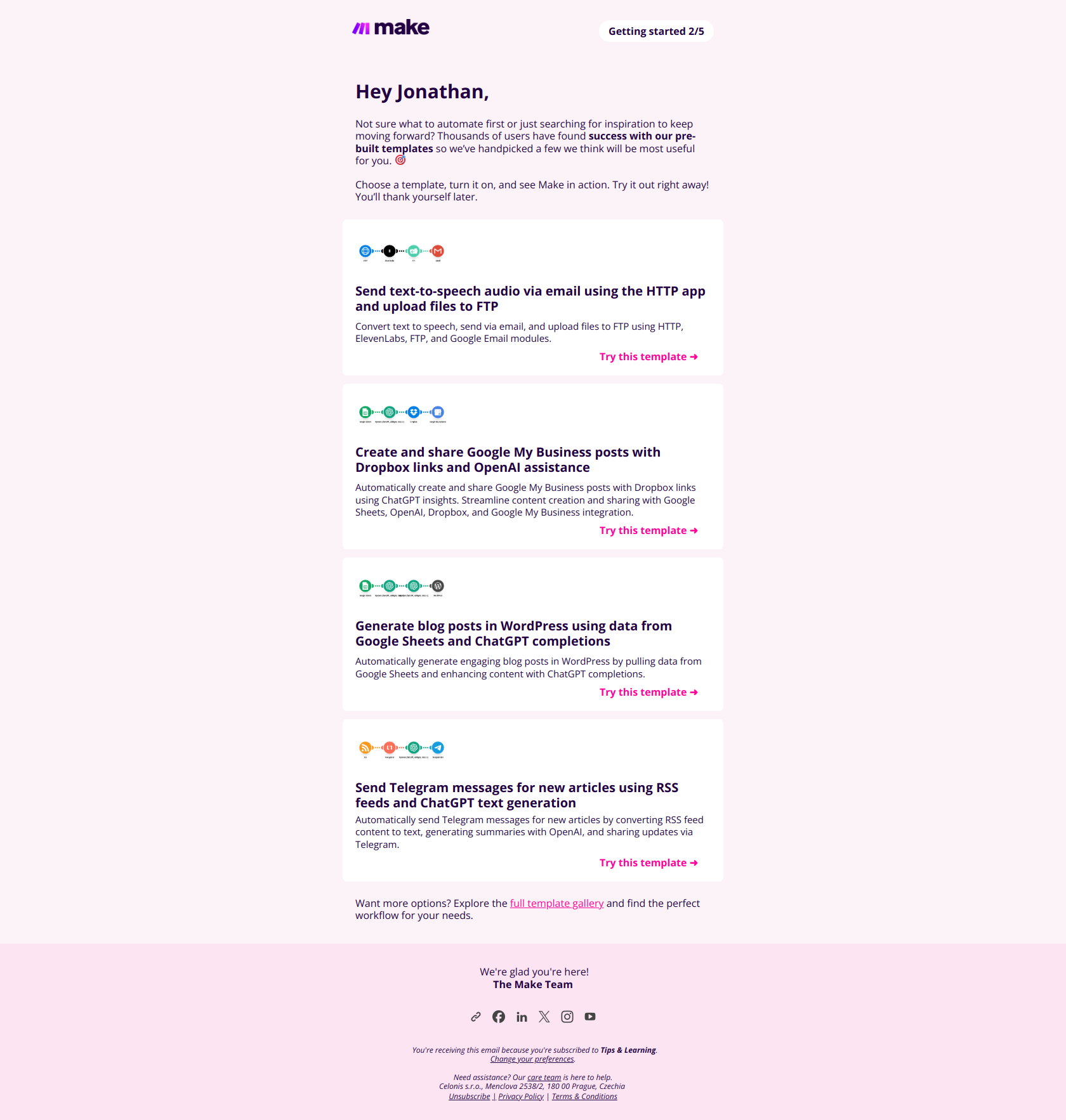 🟣 Automate  Gmail and more: Pre-built templates inside — email screenshot from Make