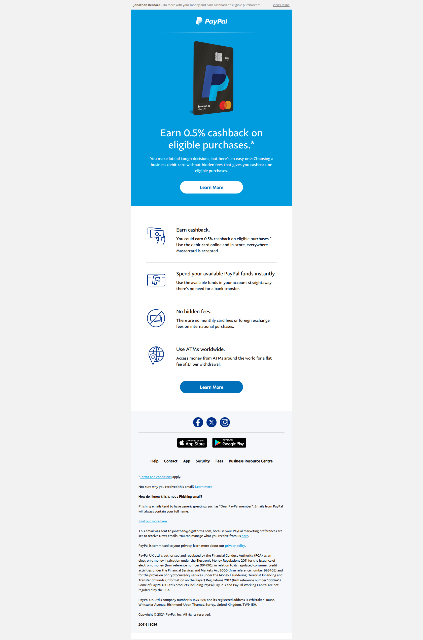 Introducing the PayPal Business Debit Mastercard® — email screenshot from Paypal