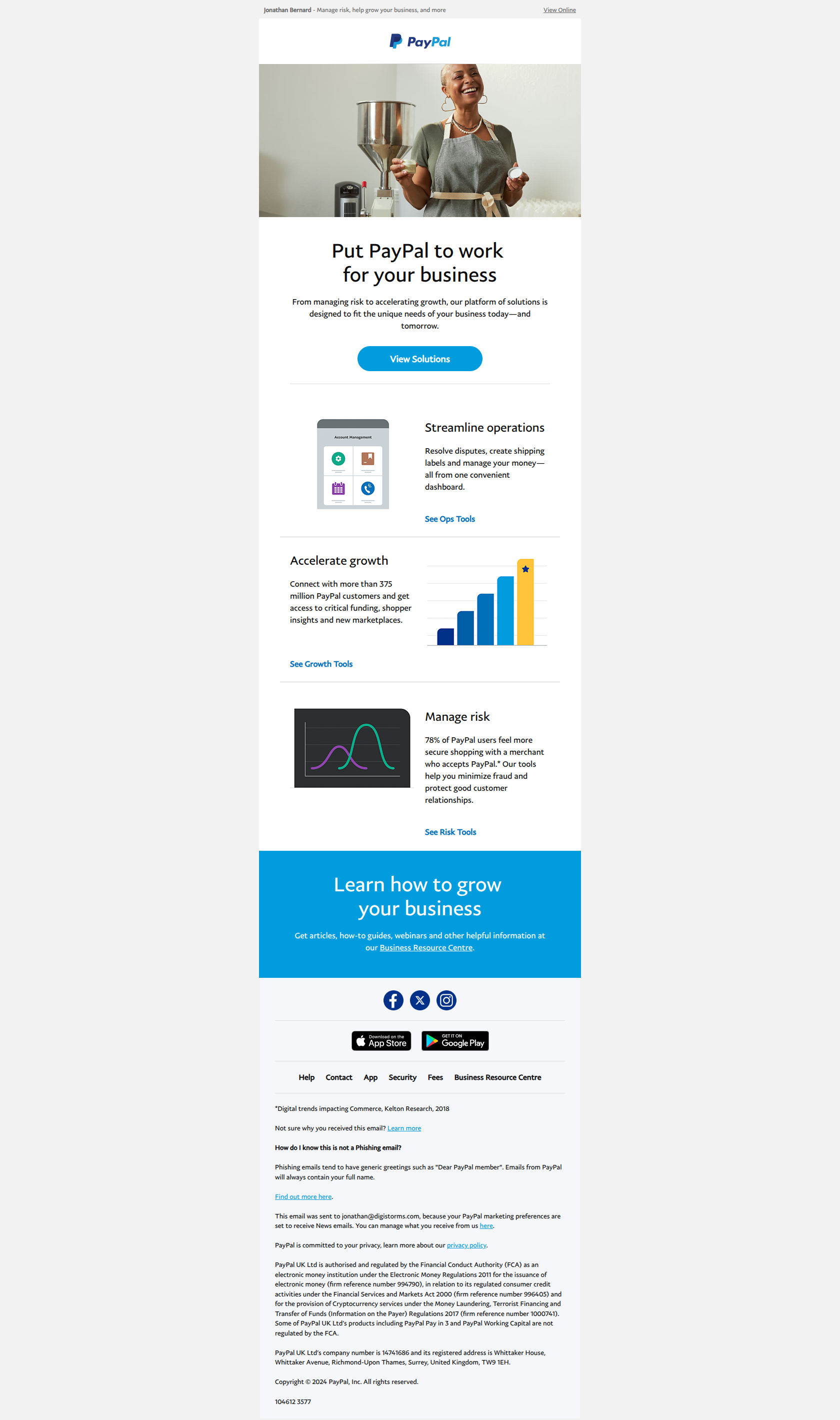 Explore personalized solutions — email screenshot from Paypal