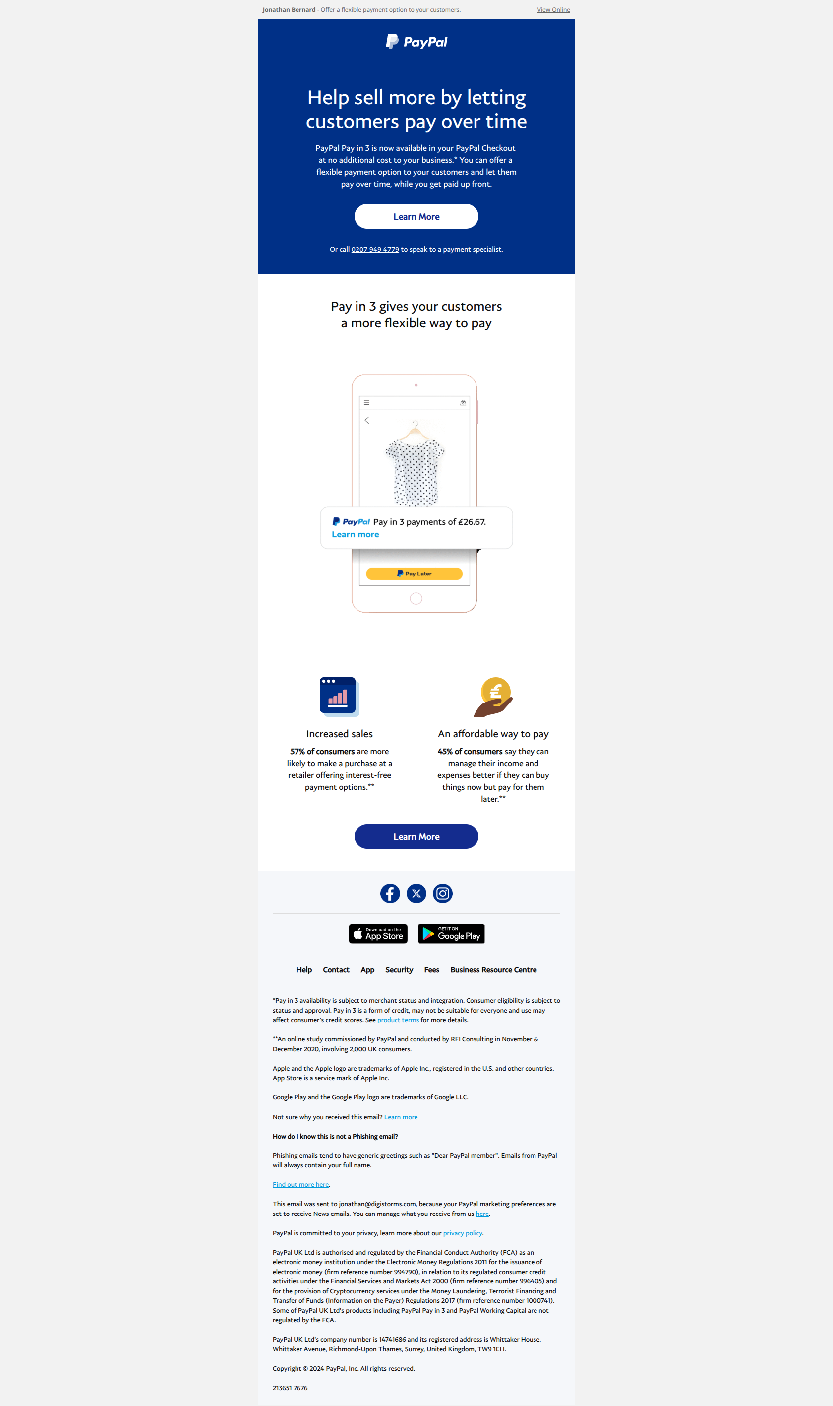 Pay in 3 now available in PayPal Checkout — email screenshot from Paypal