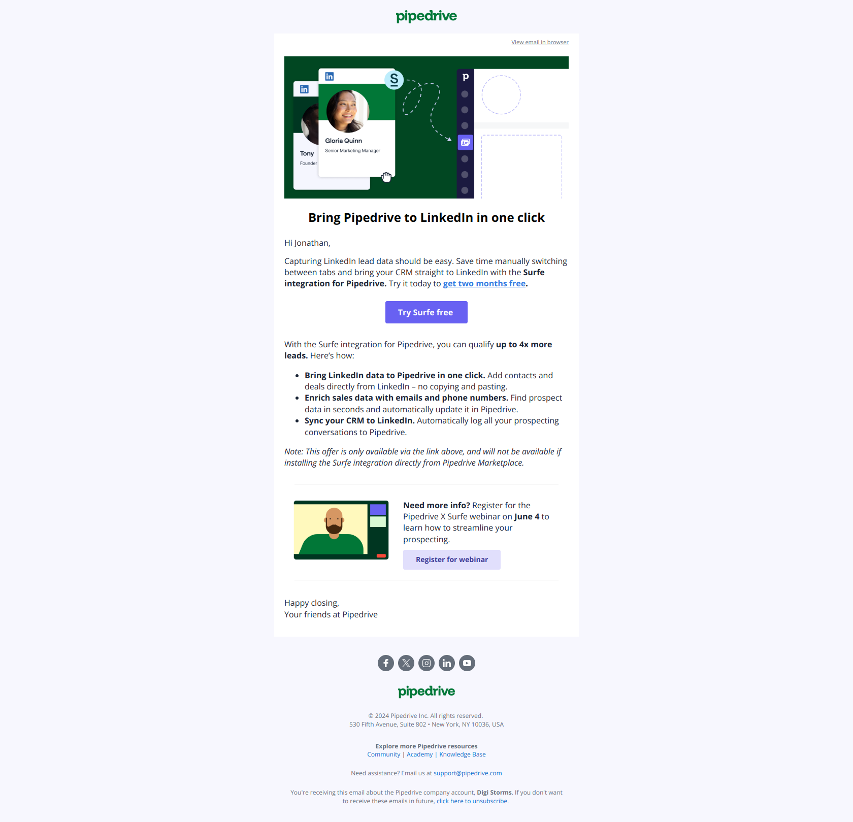 🏎️ Speed up your LinkedIn prospecting — email screenshot from Pipedrive
