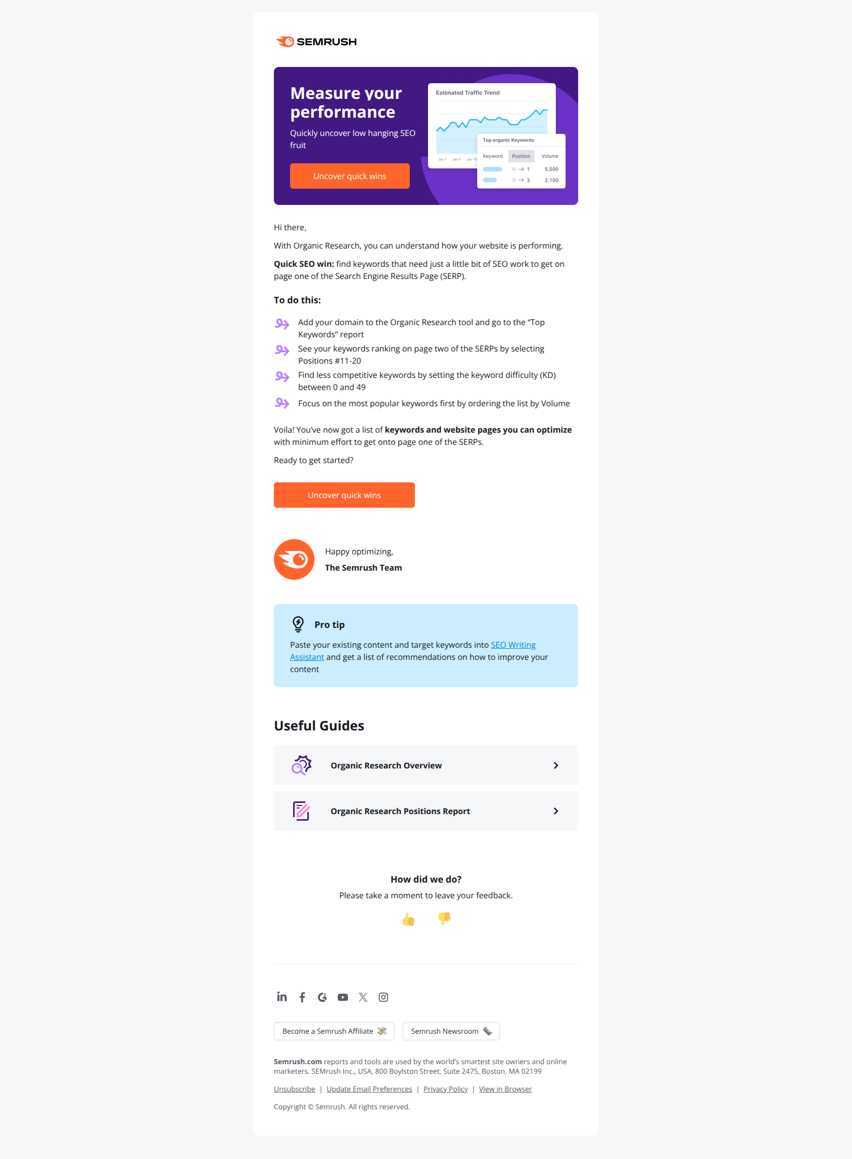 Quick SEO wins — email screenshot from SemRush