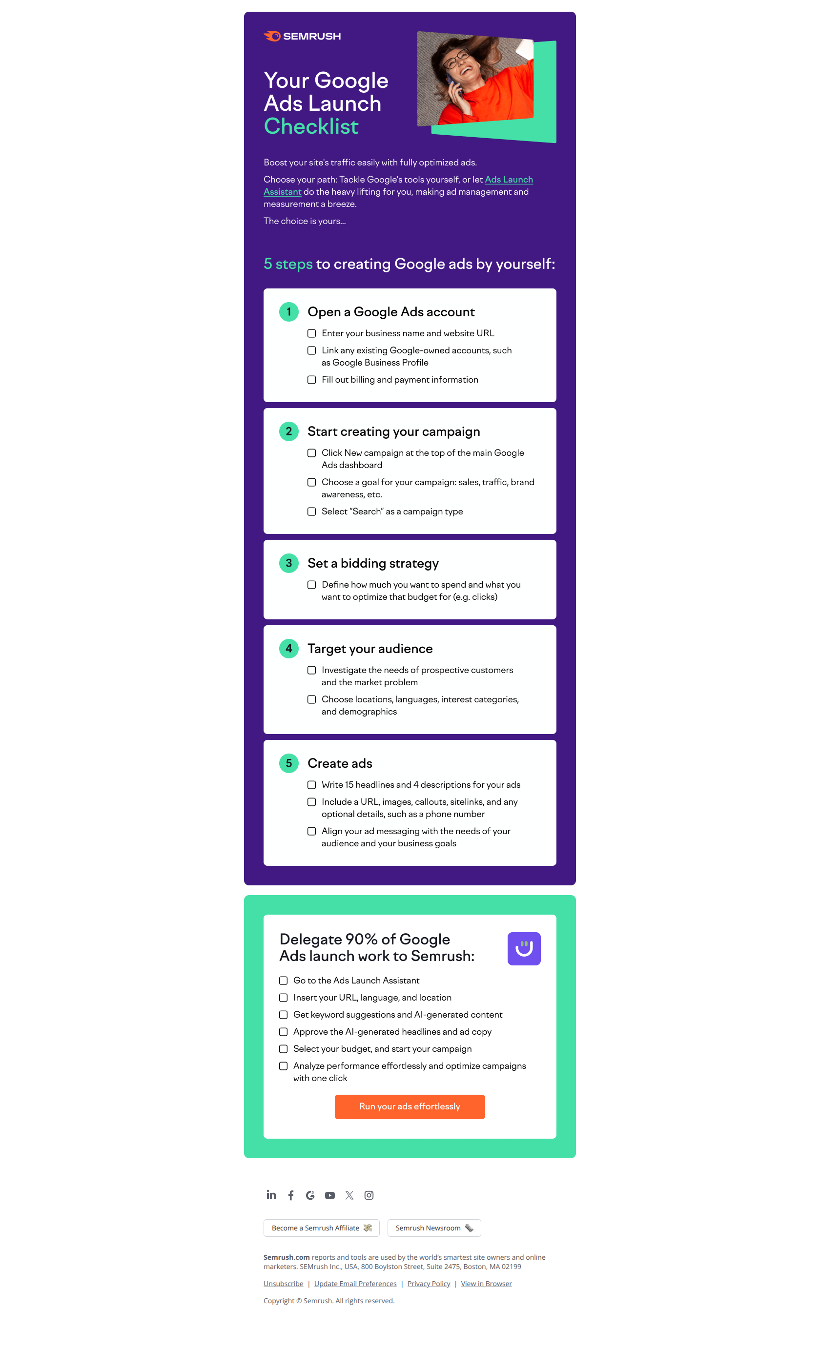 Delegate 90% of Google Ads launch work — email screenshot from SemRush