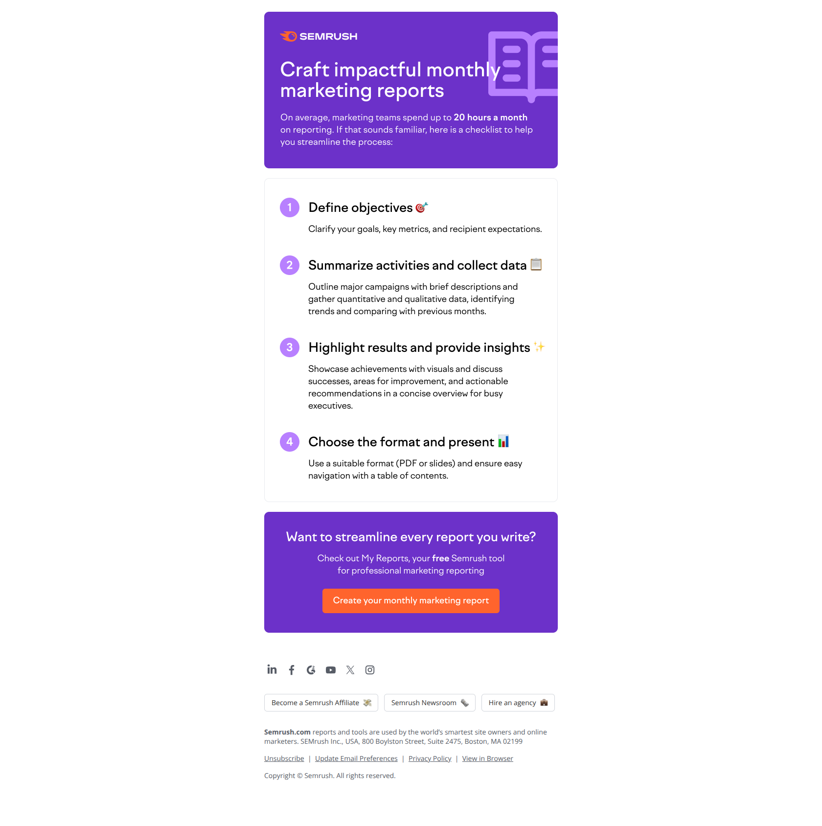 Your monthly marketing report checklist 📋 — email screenshot from SemRush