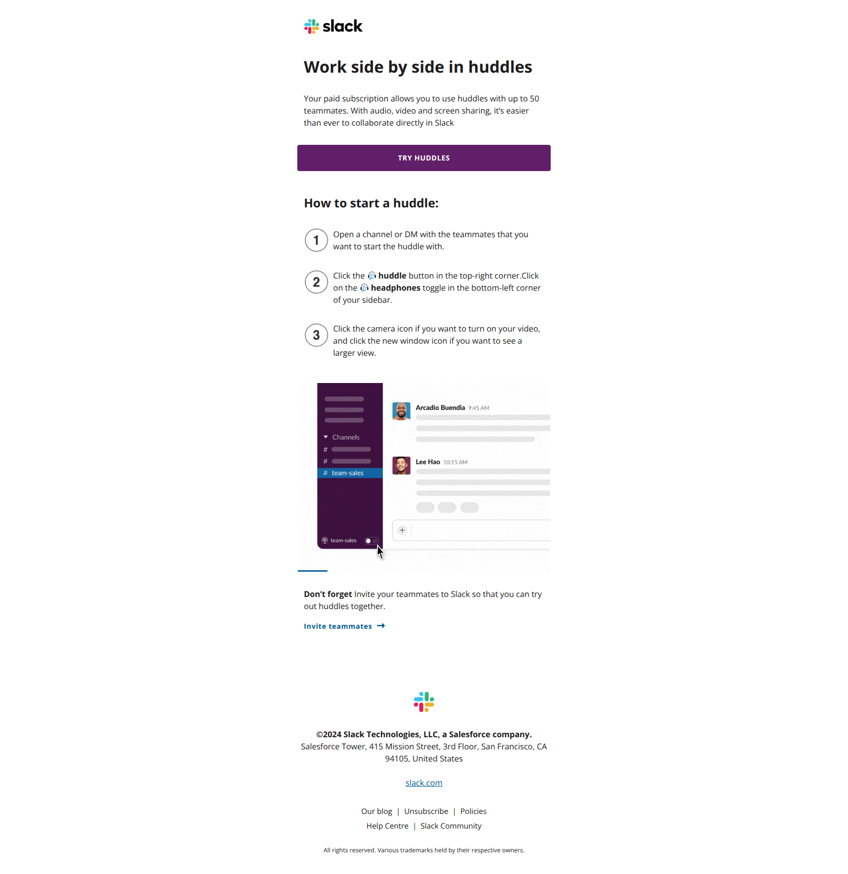Try huddles and meet in real time — email screenshot from Slack