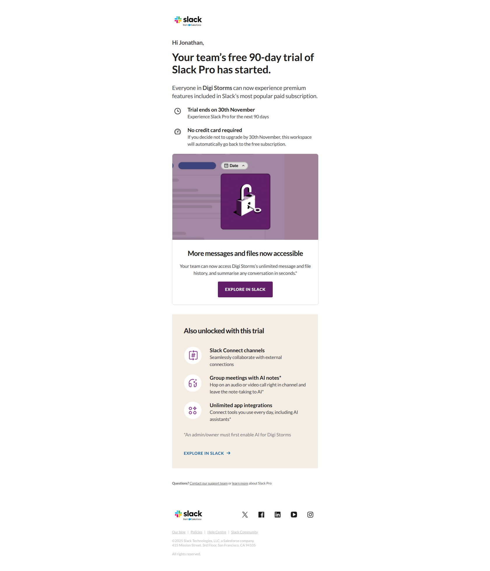 Digi Storms has started a free trial of Slack Pro — email screenshot from Slack