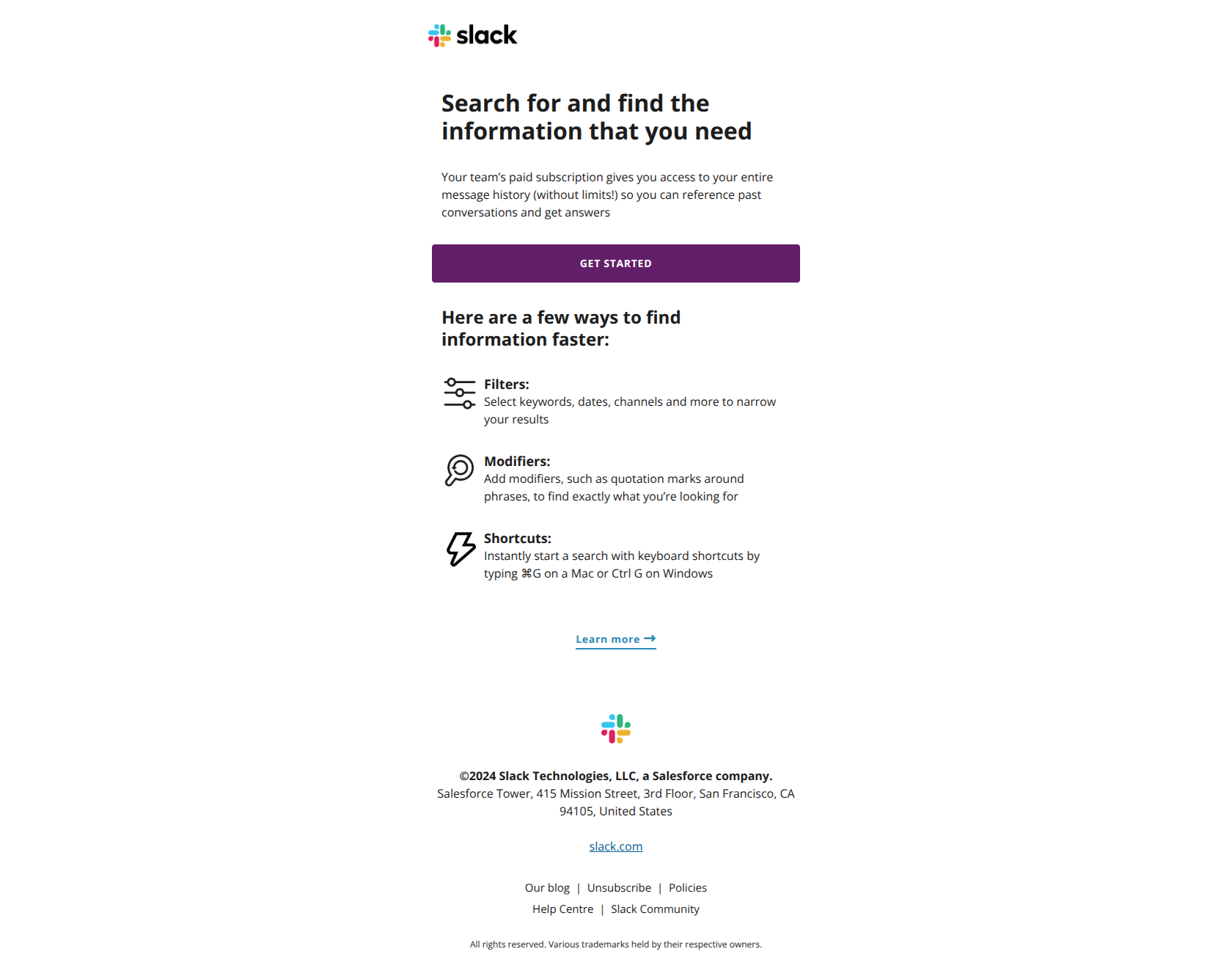 Tips to quickly find information in Slack — email screenshot from Slack