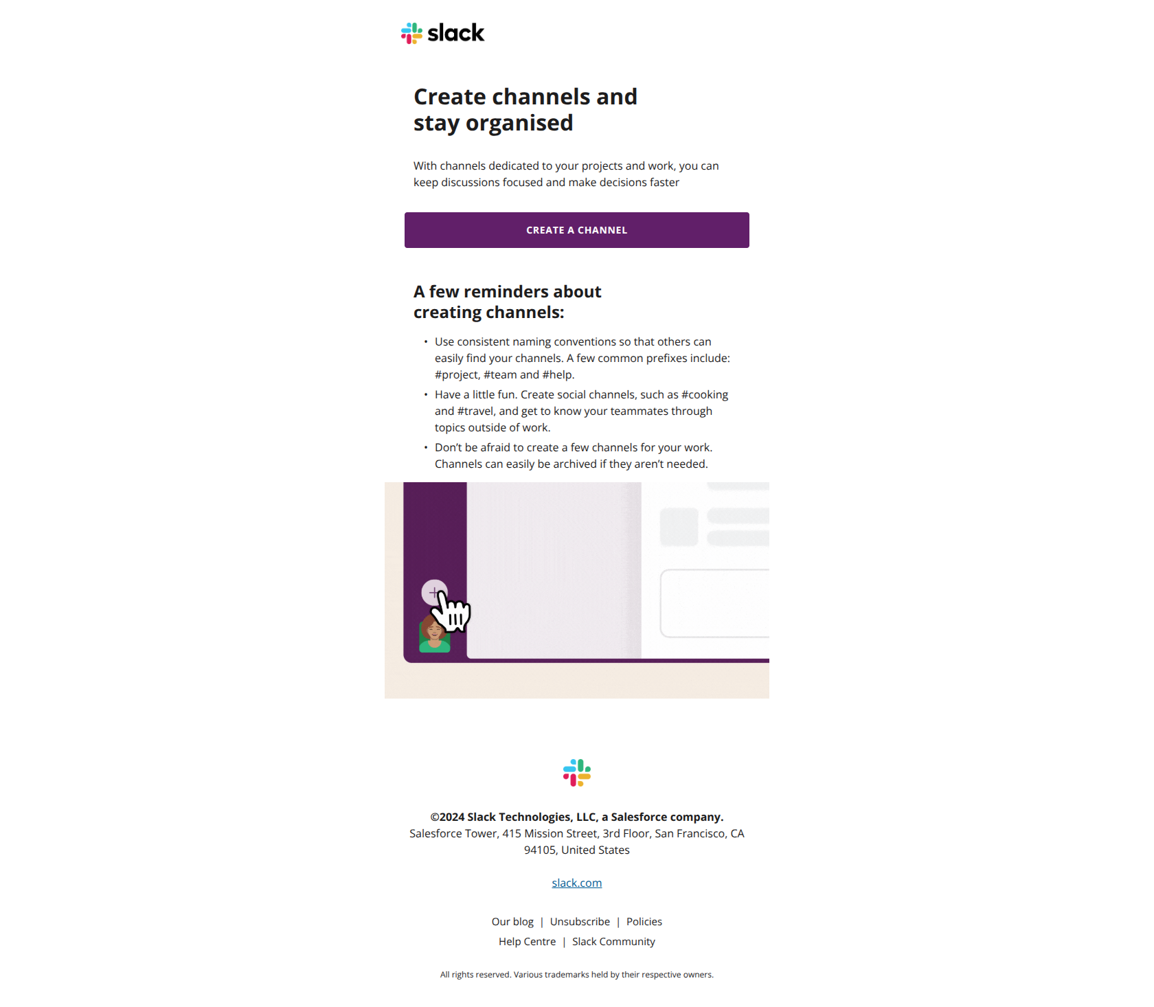 Jonathan, start creating channels today… — email screenshot from Slack