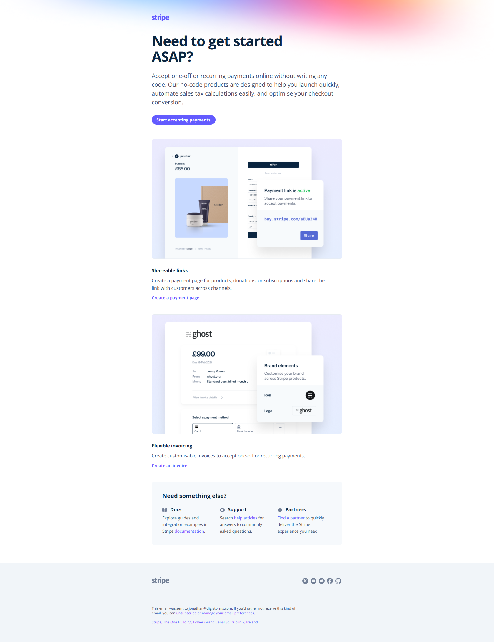 Get started in minutes — email screenshot from Stripe