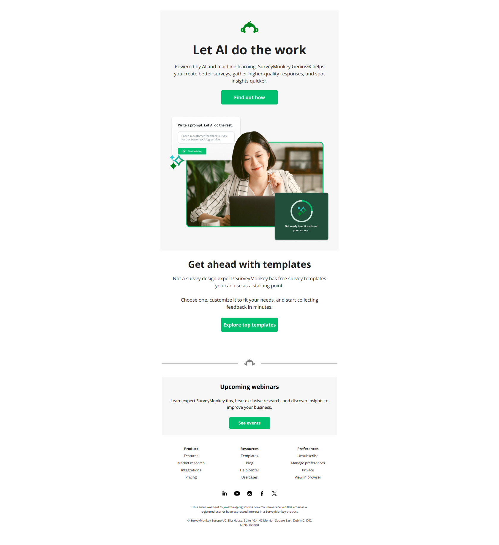 Two easy ways to create your first survey — email screenshot from SurveyMonkey