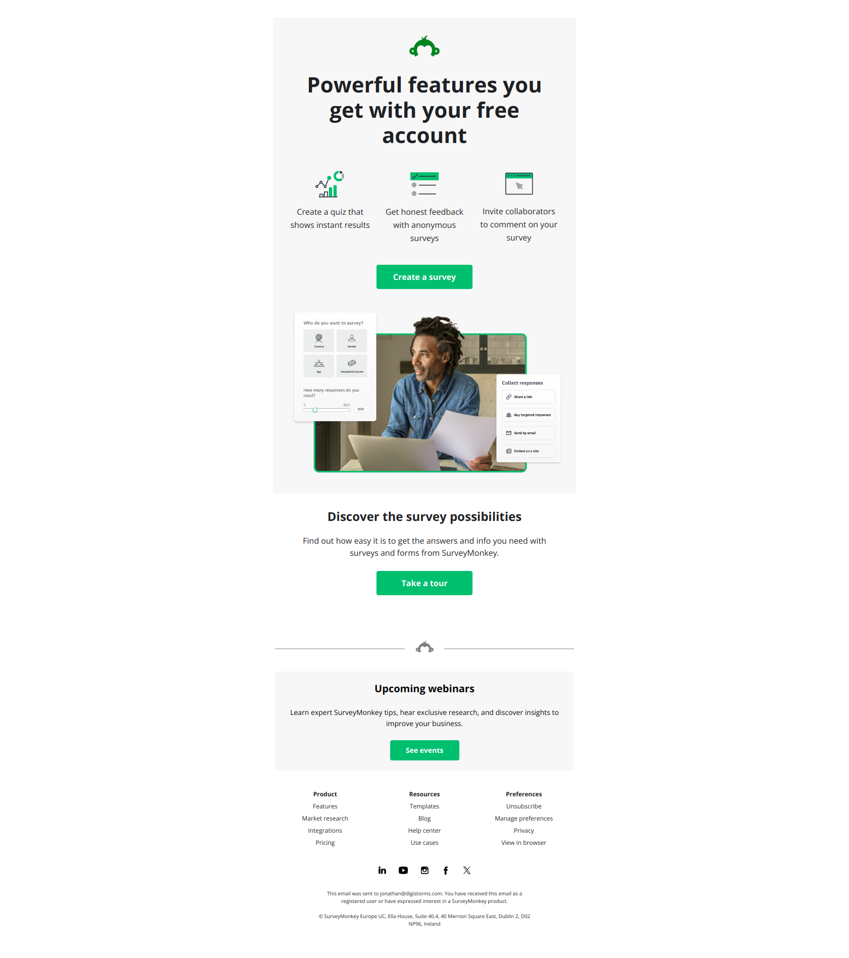 Have you tried these 3 free features yet? — email screenshot from SurveyMonkey