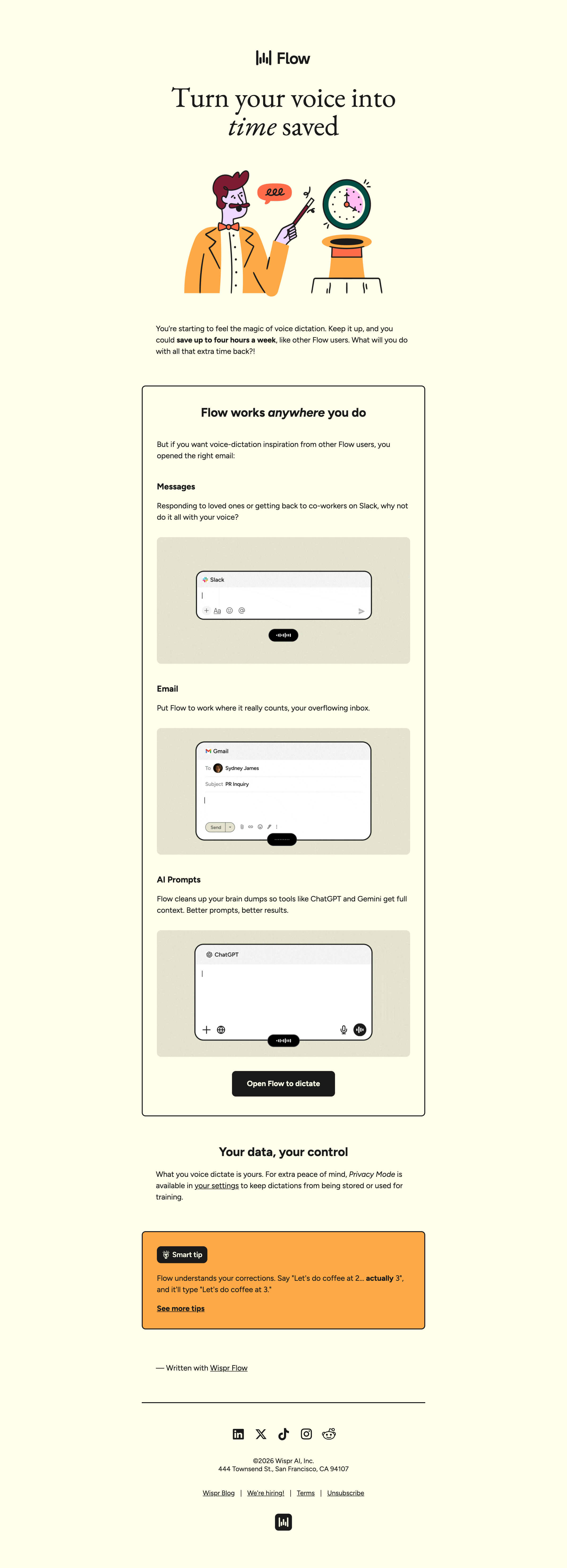 Talk more, type less 🗣️ — email screenshot from Wispr Flow