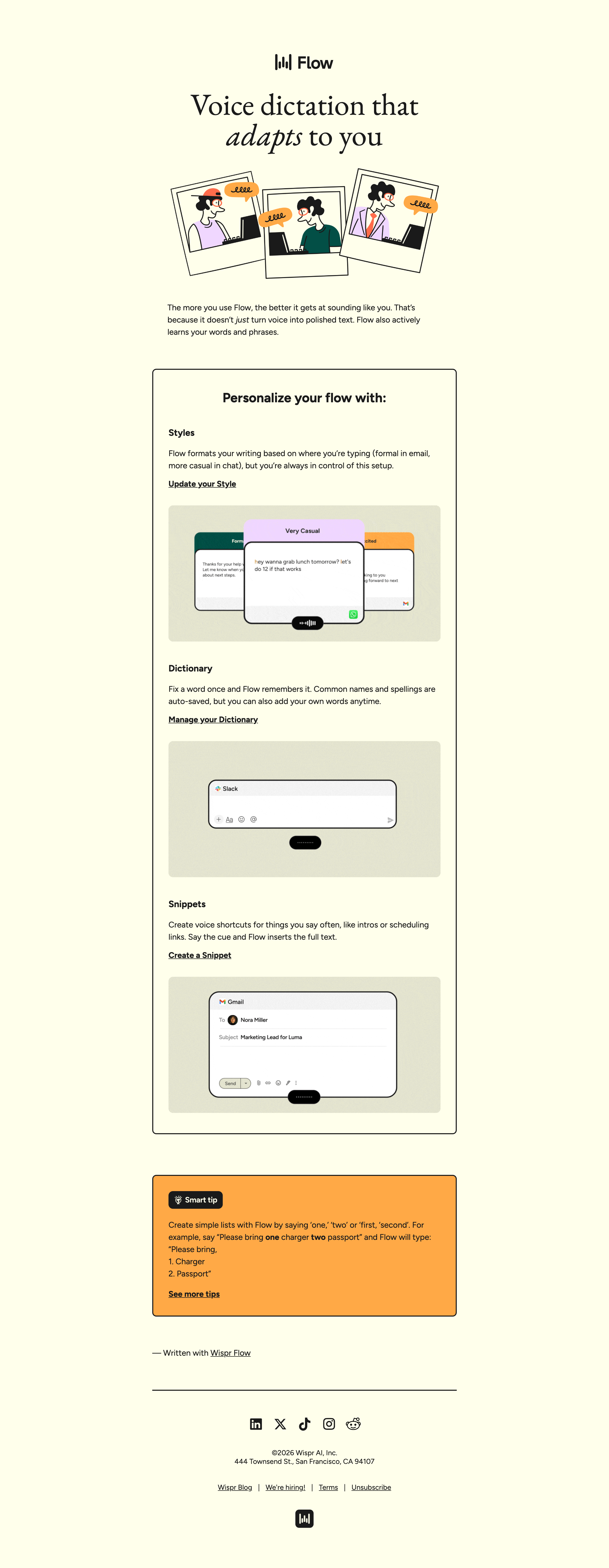 Voice-to-text that actually sounds like you! — email screenshot from Wispr Flow
