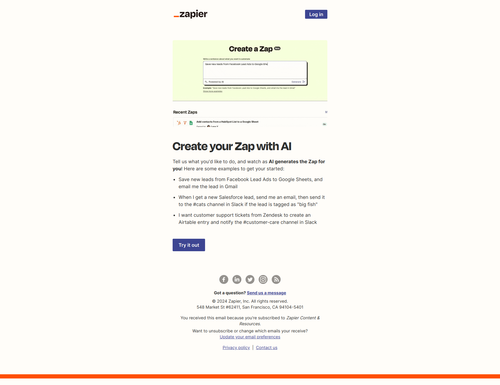 Type your Zap idea + watch AI create it! — email screenshot from Zapier
