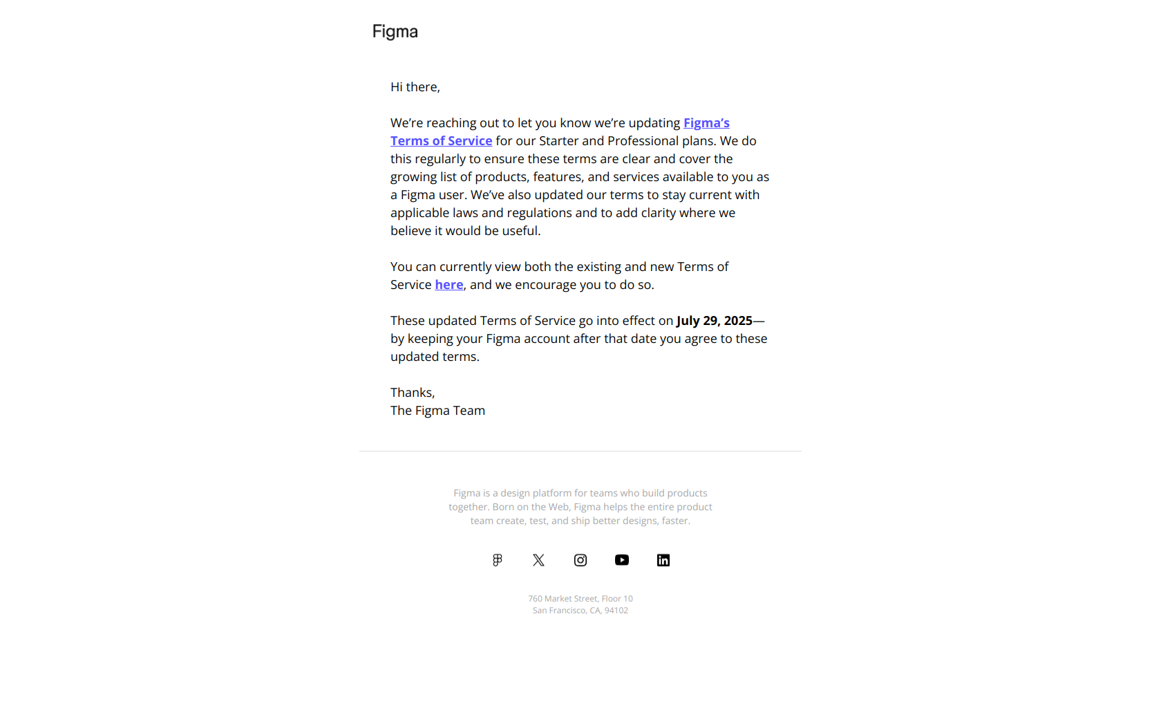 We've updated our Terms of Service — email screenshot from Figma