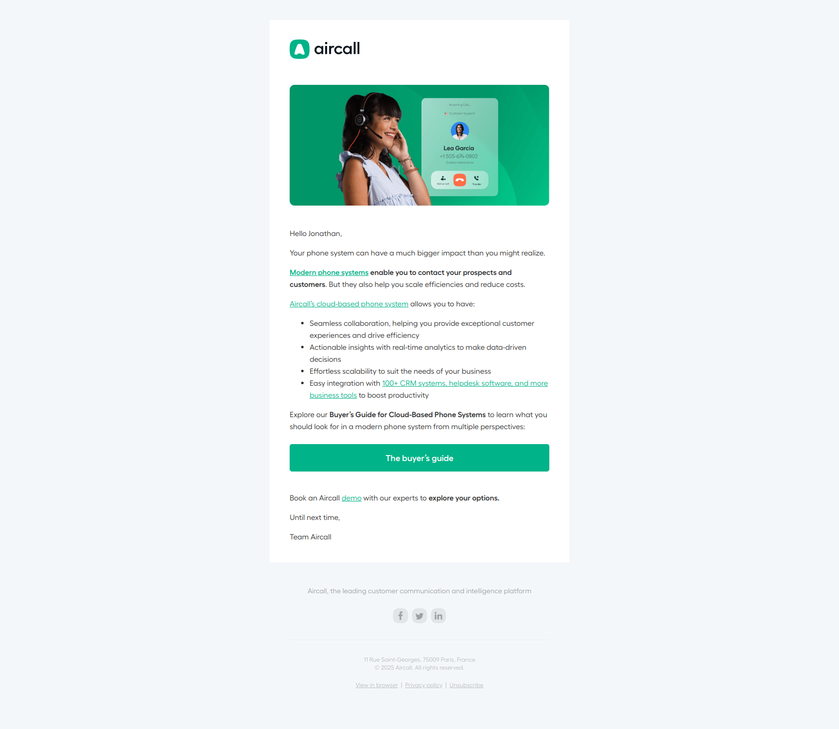 B2B lead nurturing email example from Aircall guide