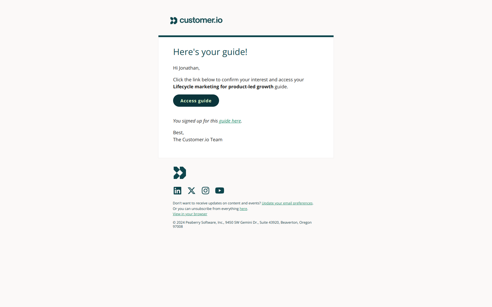 Access: Lifecycle marketing for product-led growth — email screenshot from Customer.io