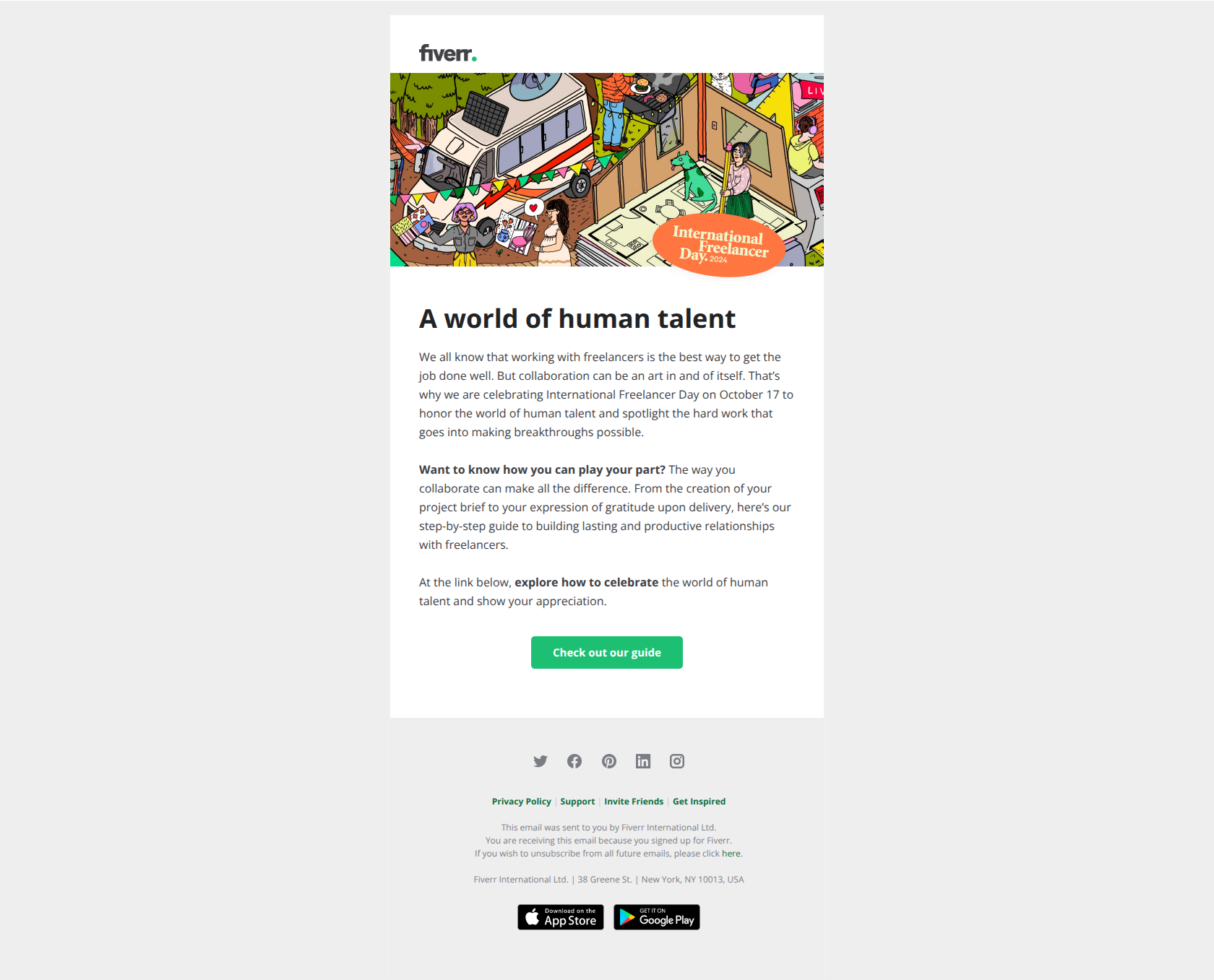 How to celebrate your freelancers and show appreciation — email screenshot from Fiverr