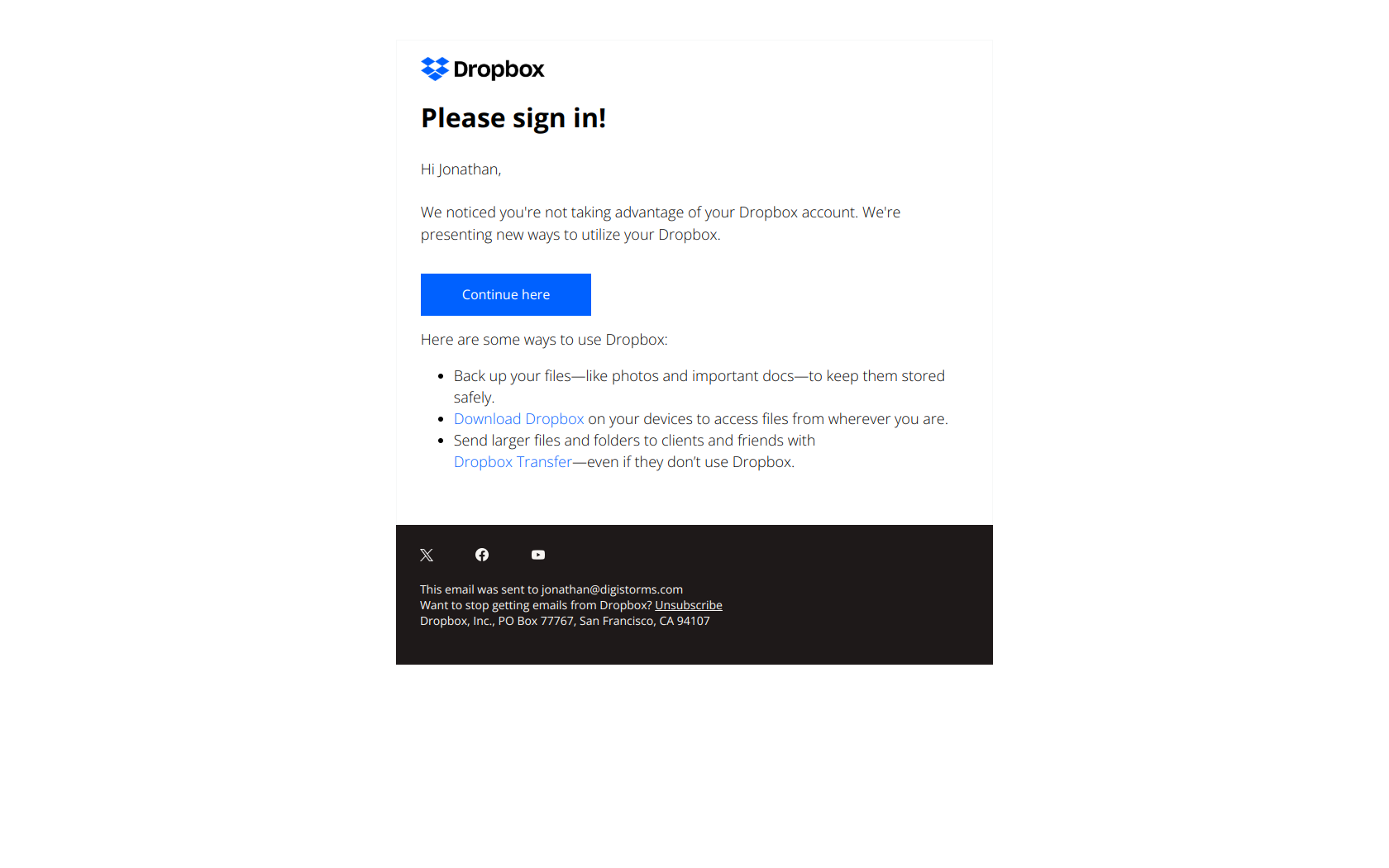 Regarding your account: Don't forget about your Dropbox files — email screenshot from Dropbox