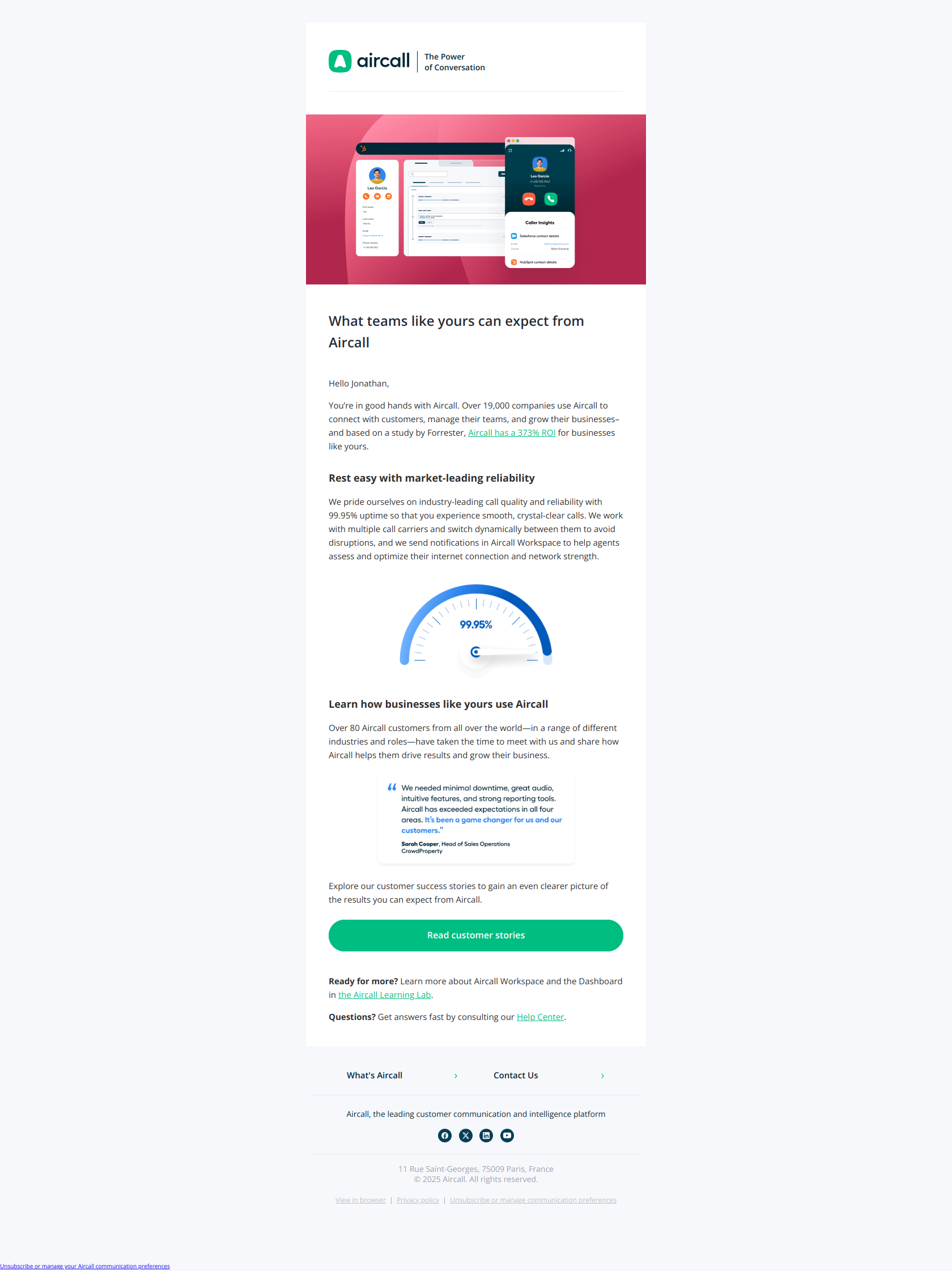 B2B lead nurturing email example from Aircall ROI