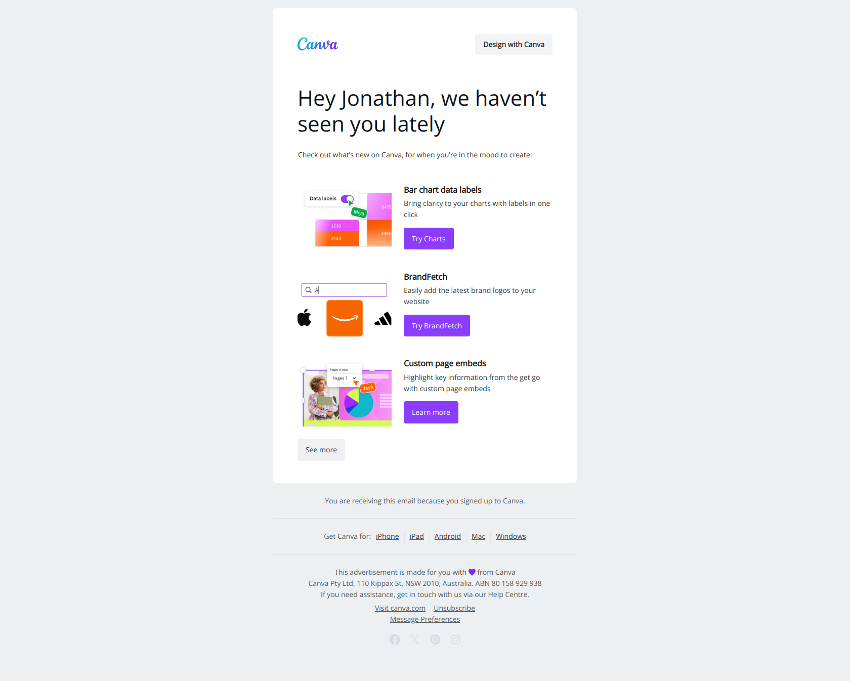 Re-engagement email example from Canva