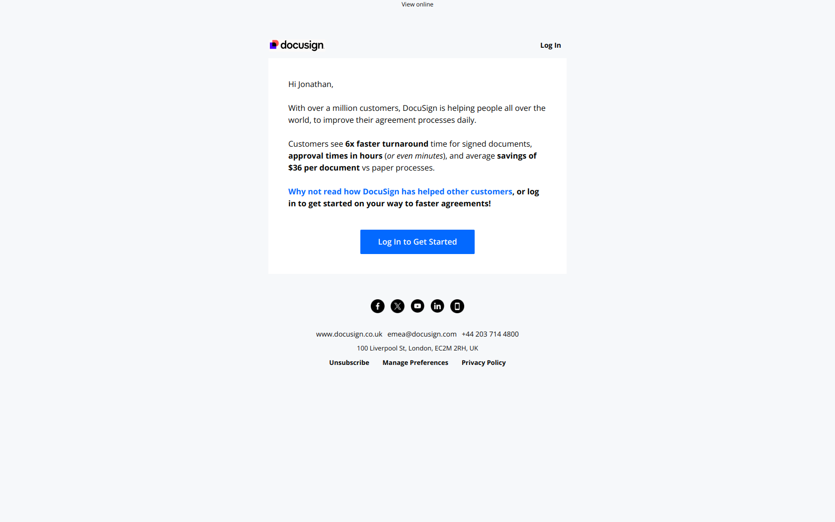 Your DocuSign Account can save you time and money — email screenshot from Docusign