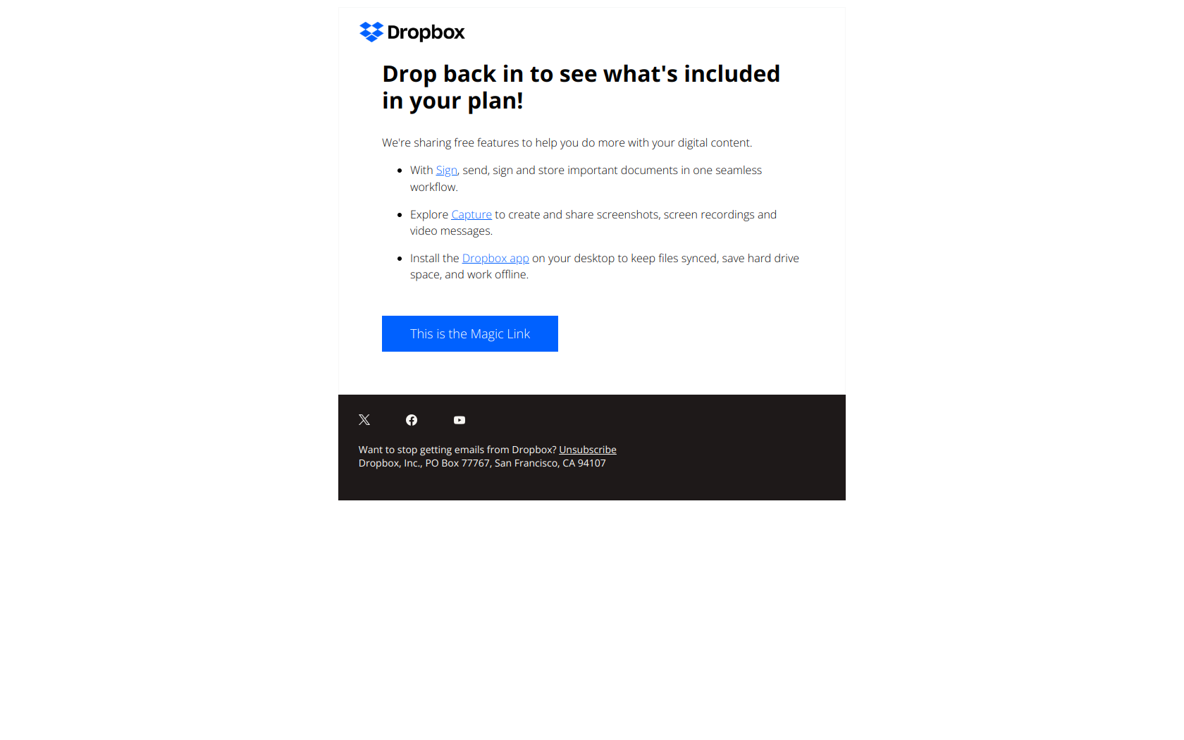 Your plan includes these free features! — email screenshot from Dropbox