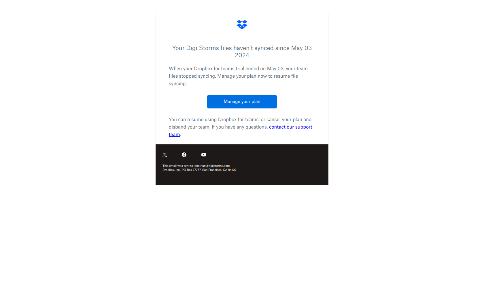 Customer retention email example from Dropbox