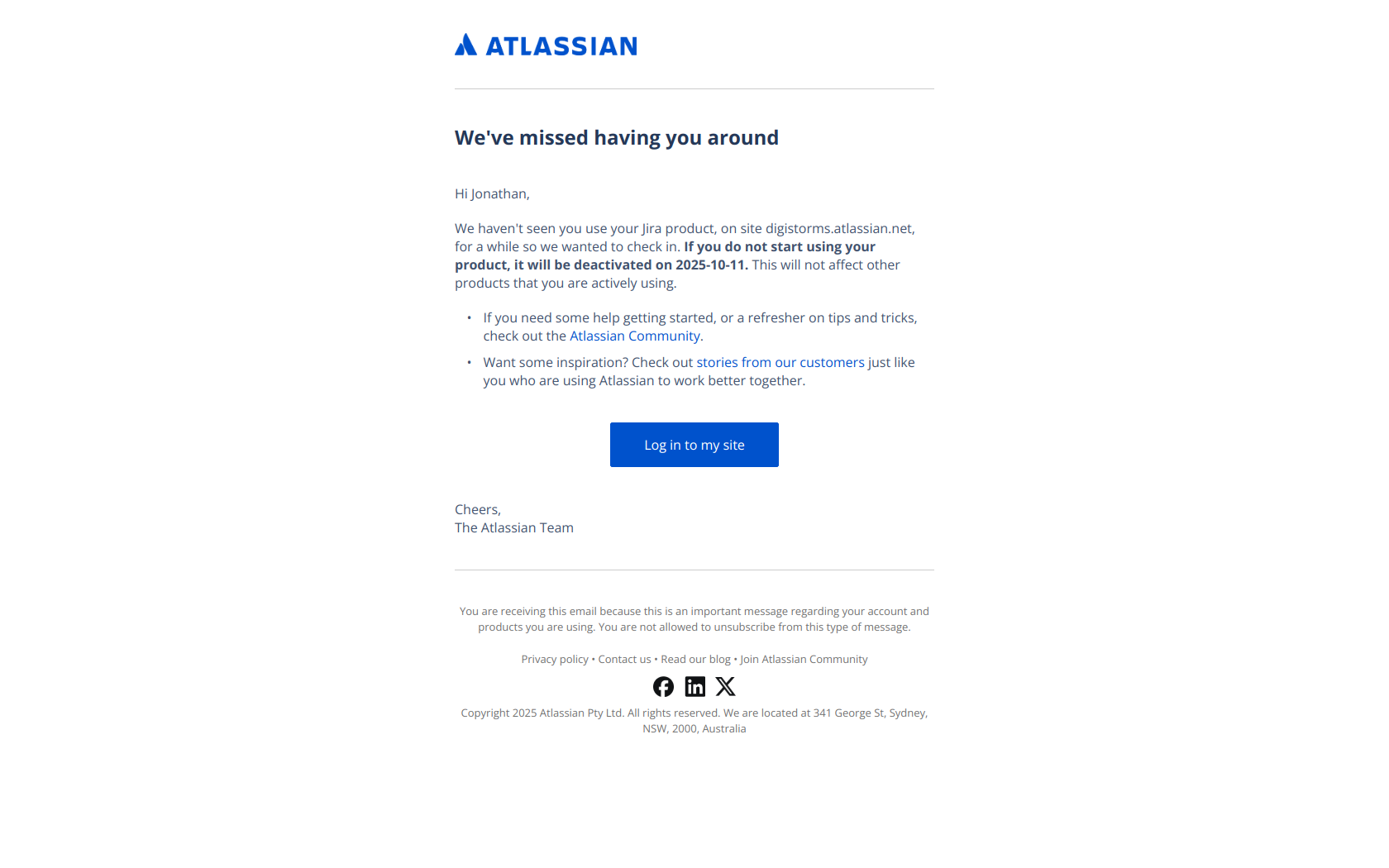 [Action Required] Jump back in to Jira to keep your subscription — email screenshot from Jira