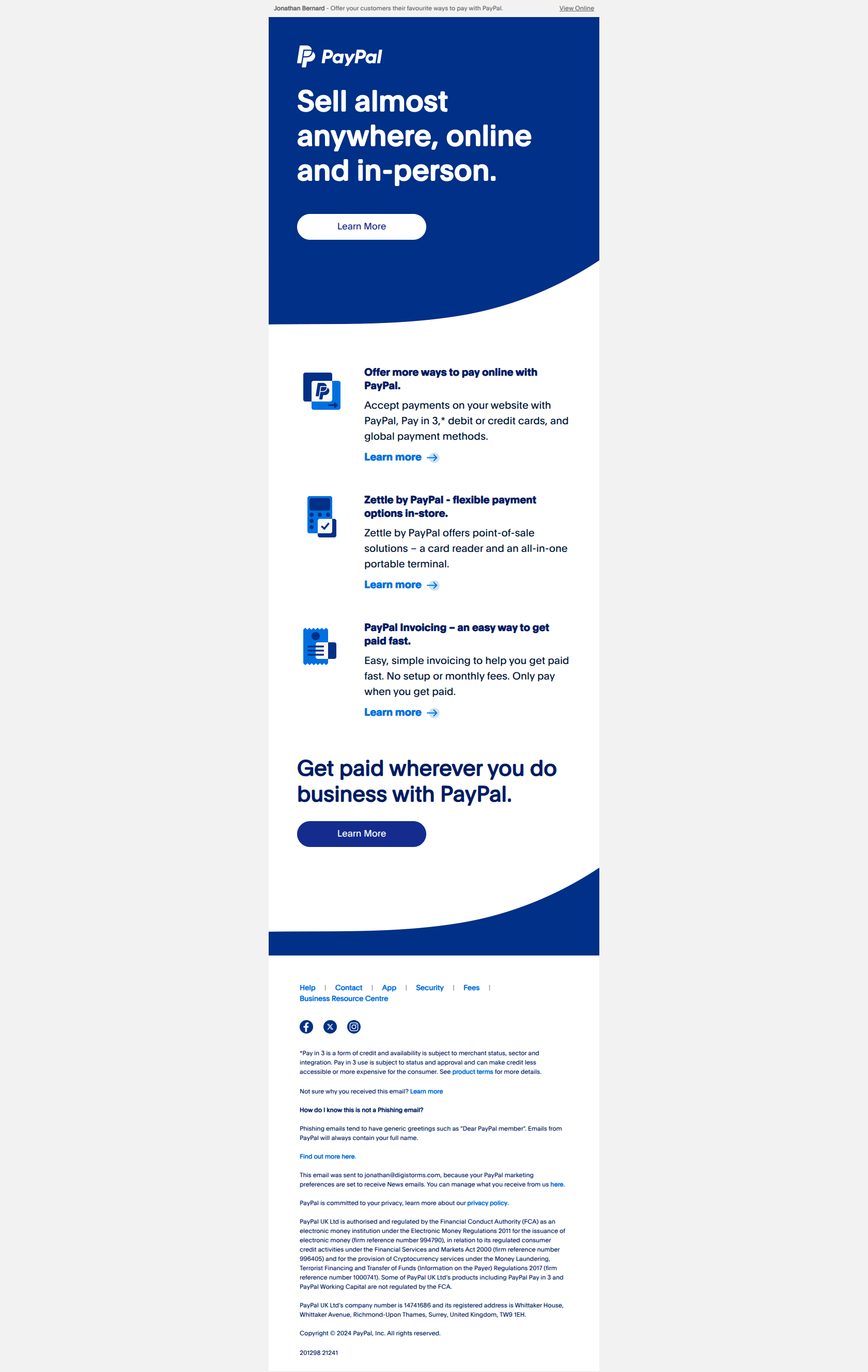 Your account comes with options to get paid online and in person — email screenshot from Paypal