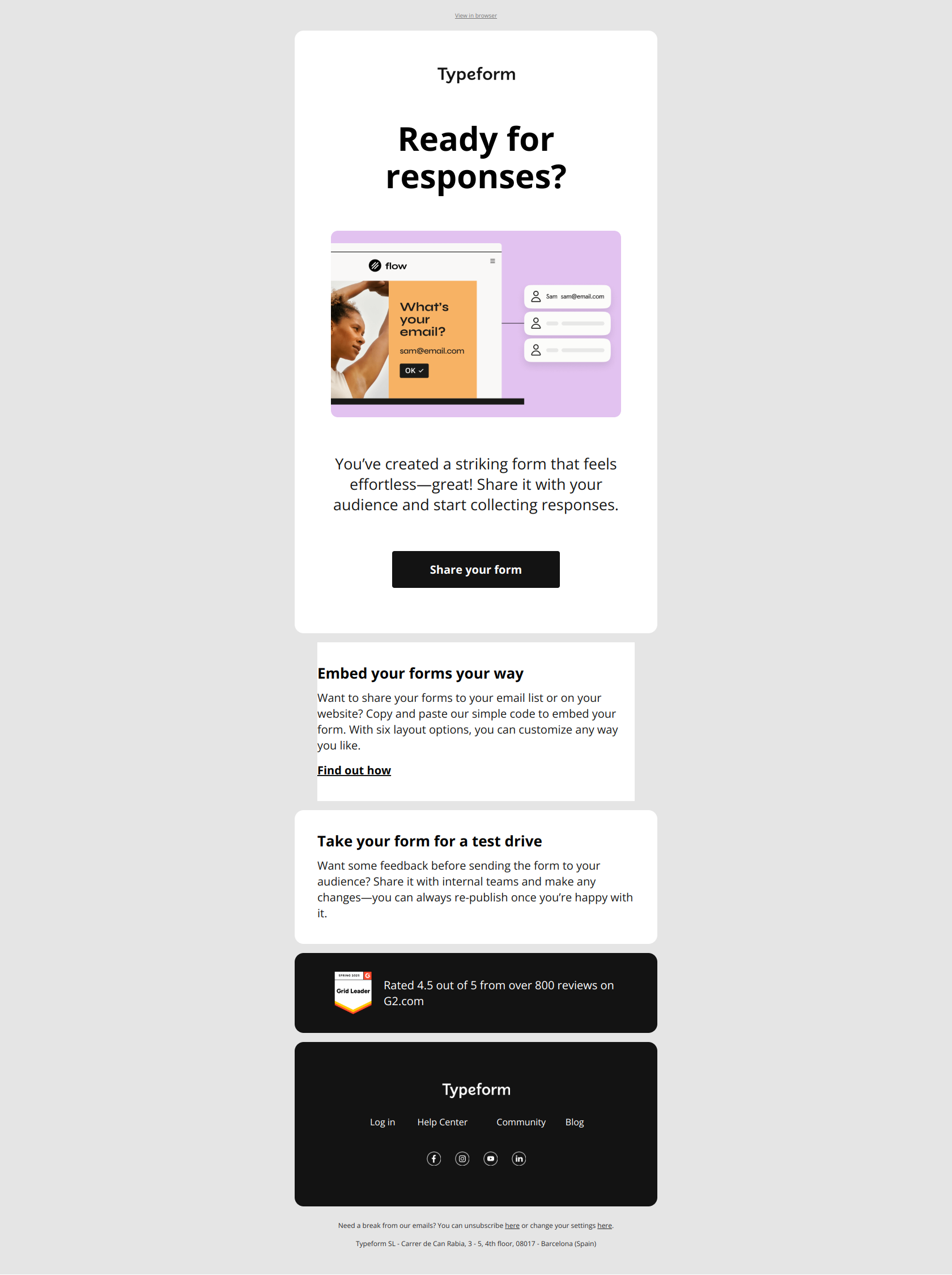 Customer retention email example from Typeform