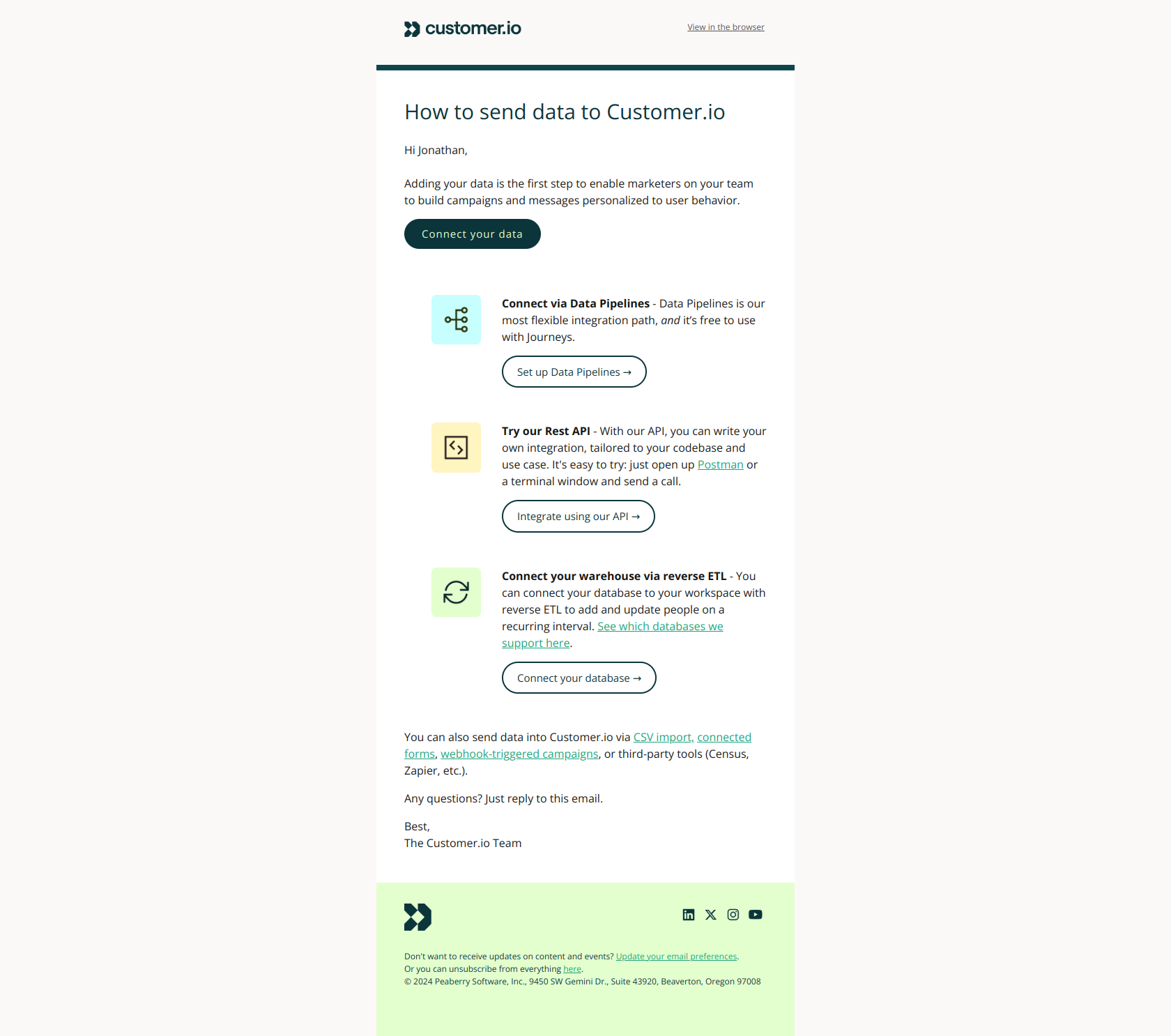 Connect your data to Customer.io — email screenshot from Customer.io