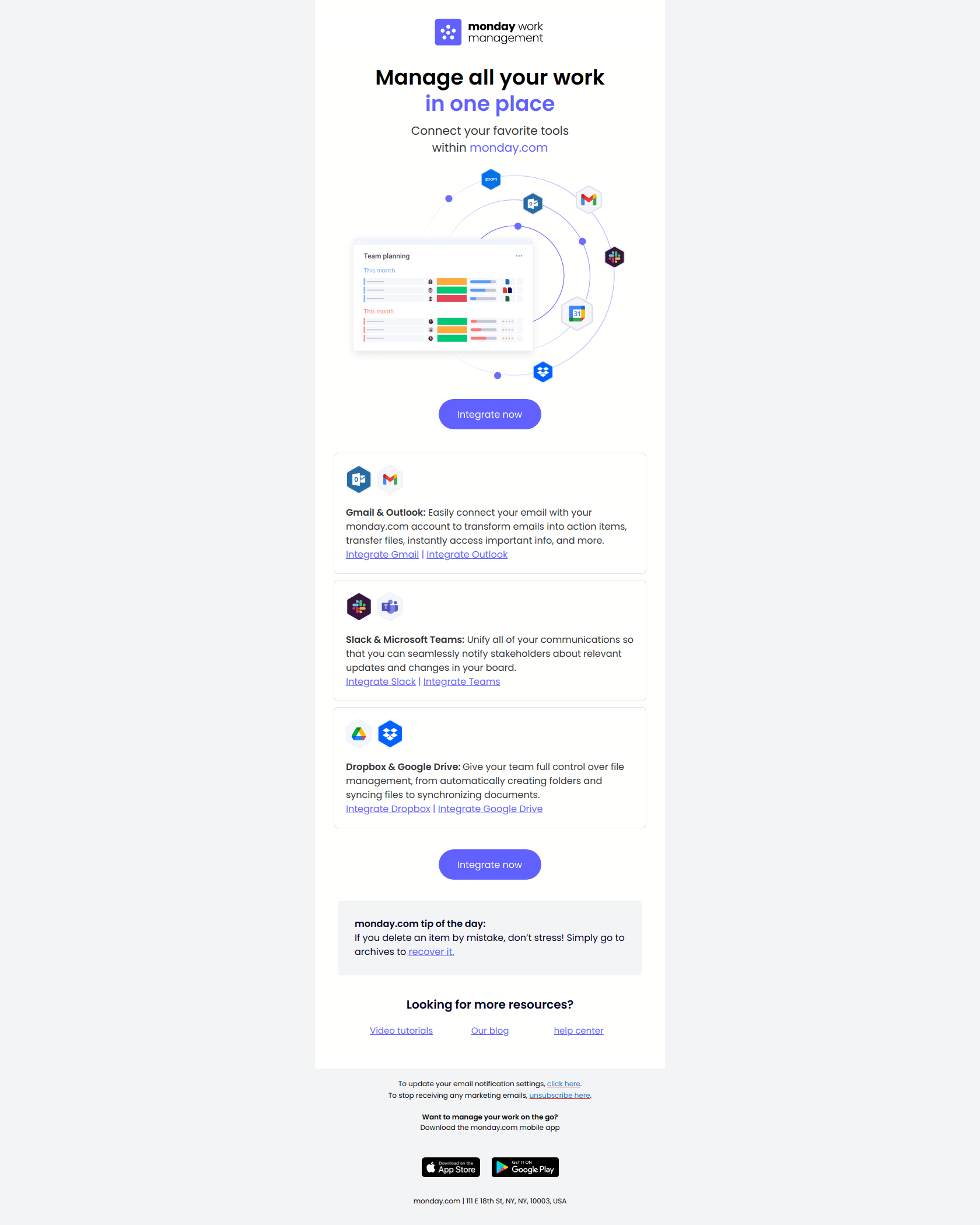 Time to integrate all your tools! 🔗 — email screenshot from Monday