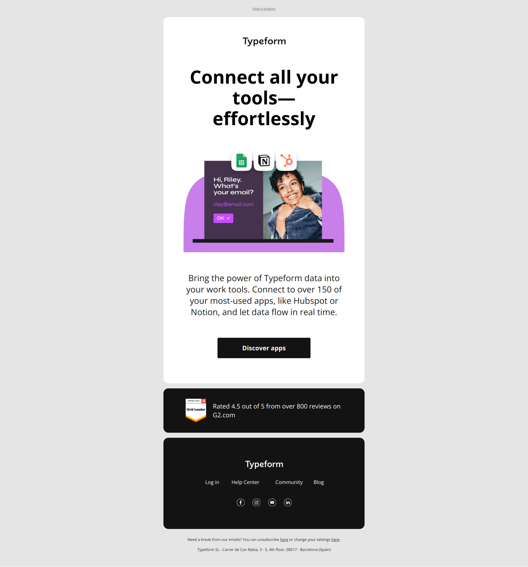 Our forms. Your work tools. Let’s connect! — email screenshot from Typeform