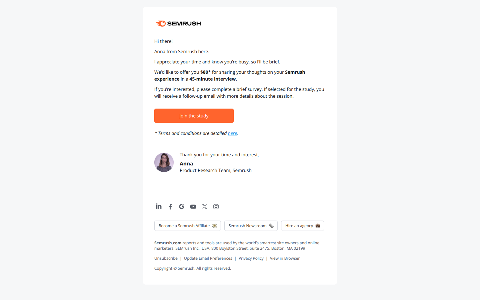 📣 $80 for Your Story – We’re Listening! — email screenshot from SemRush