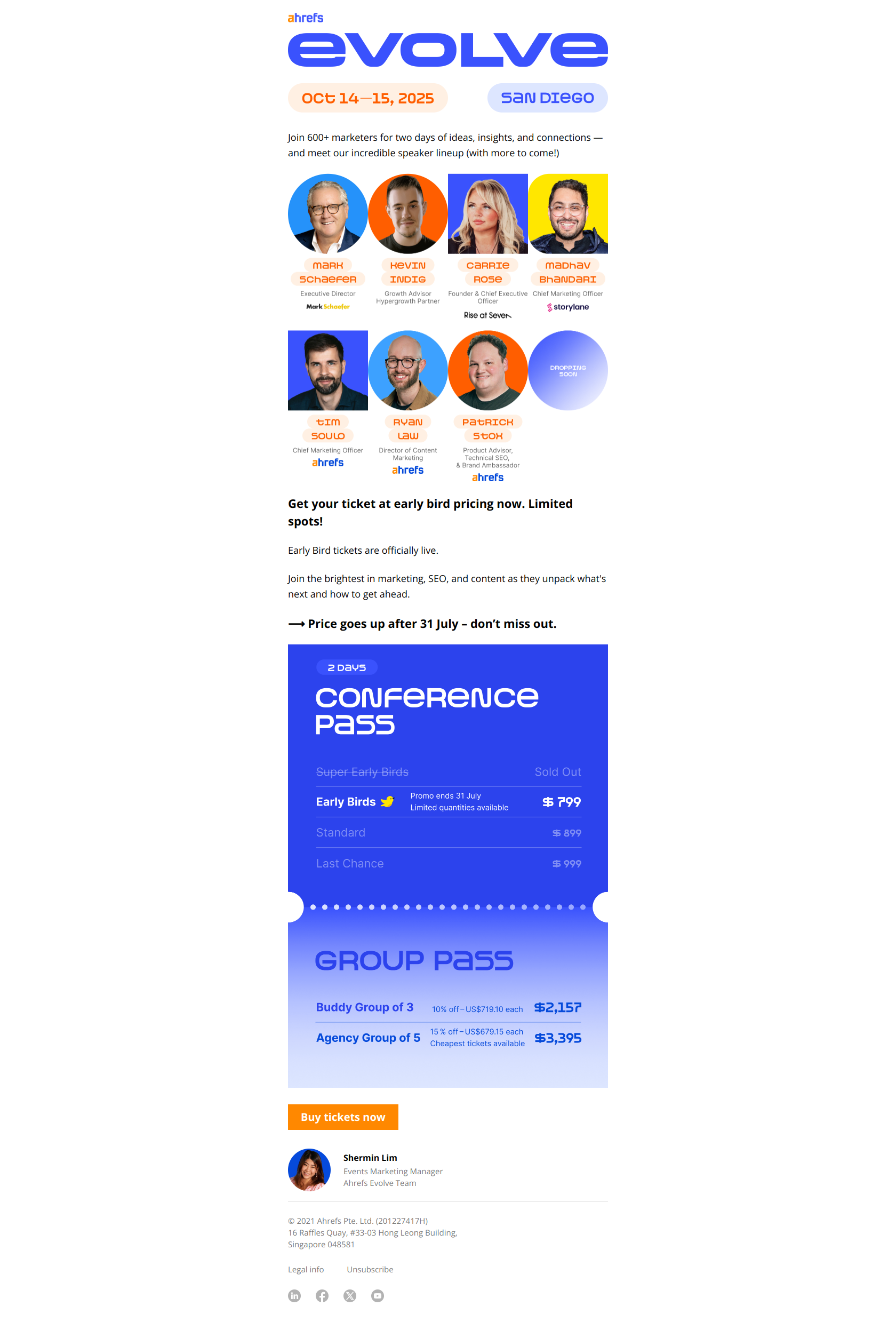 Big drop: Early bird tickets 🔥 + speaker lineup — email screenshot from Ahrefs