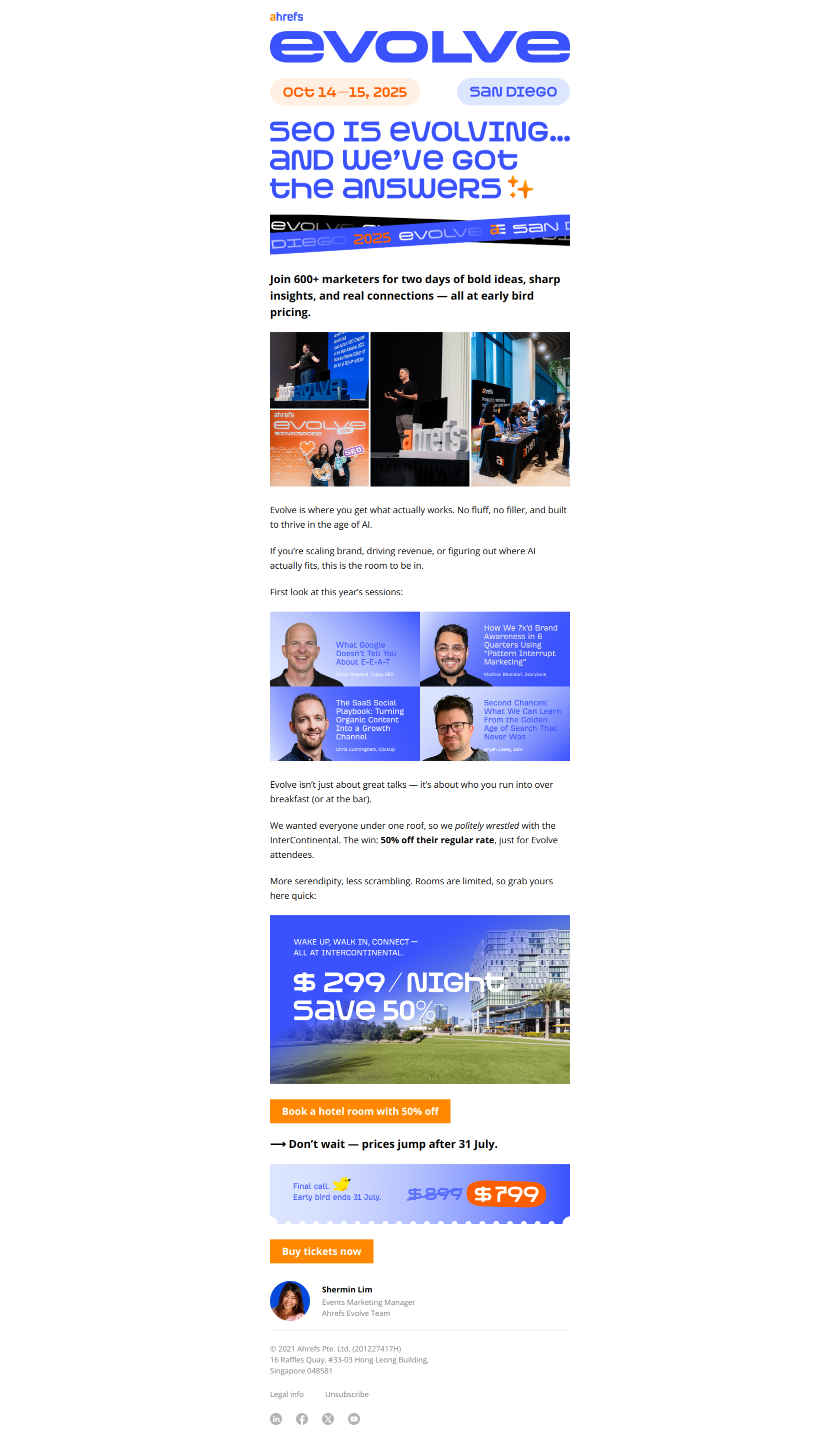 Evolve Early Bird Ending – Secure Your Spot + Hotel Promo — email screenshot from Ahrefs