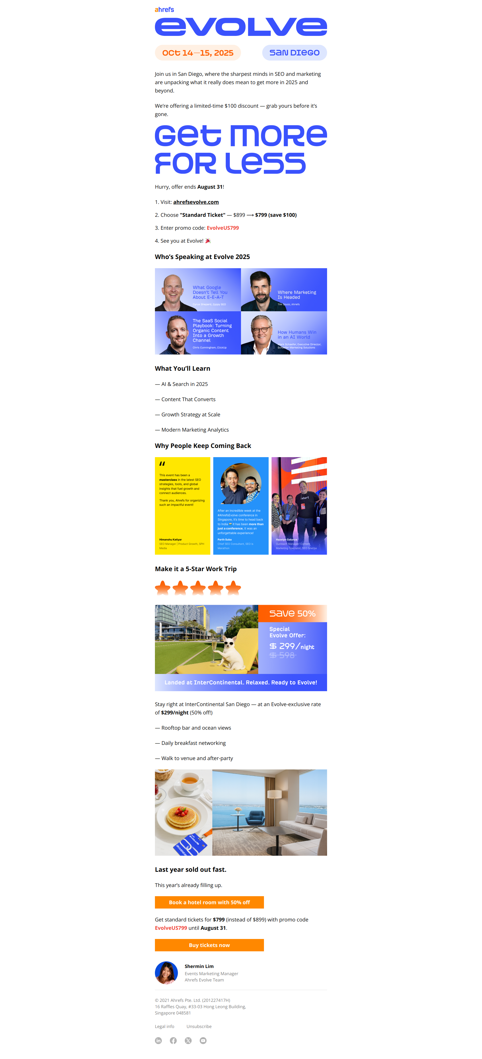 Evolve 2025: $799 early tickets end Aug 31 — email screenshot from Ahrefs