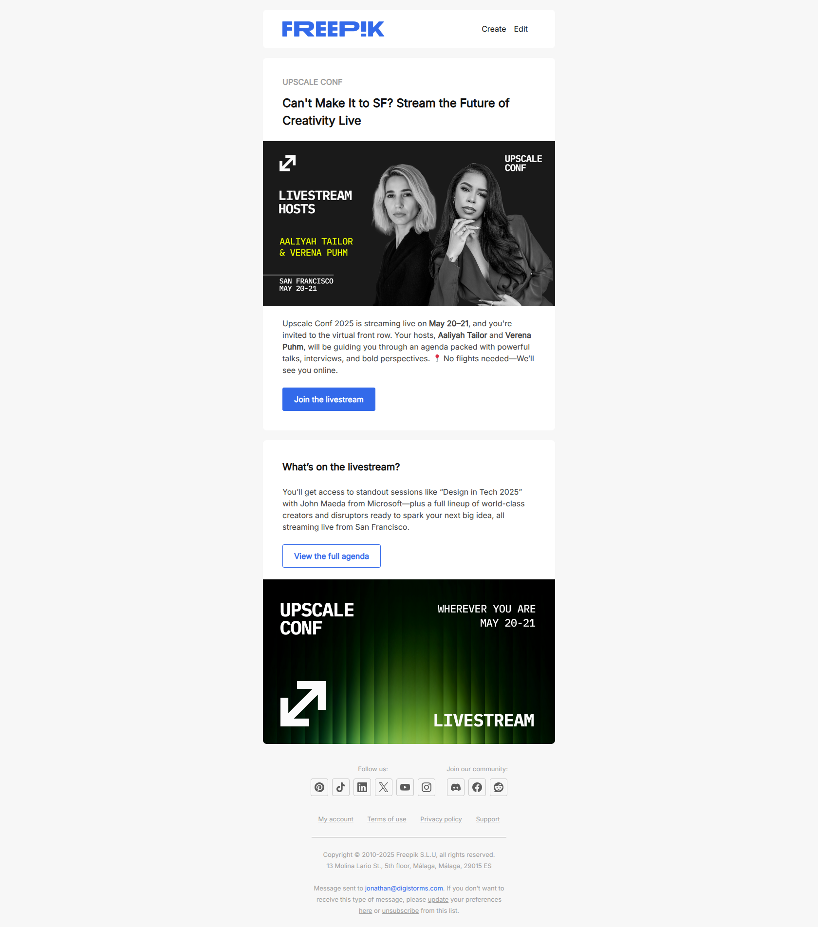 Your front-row seat to creativity—Upscale Conf 2025 is live — email screenshot from Freepik