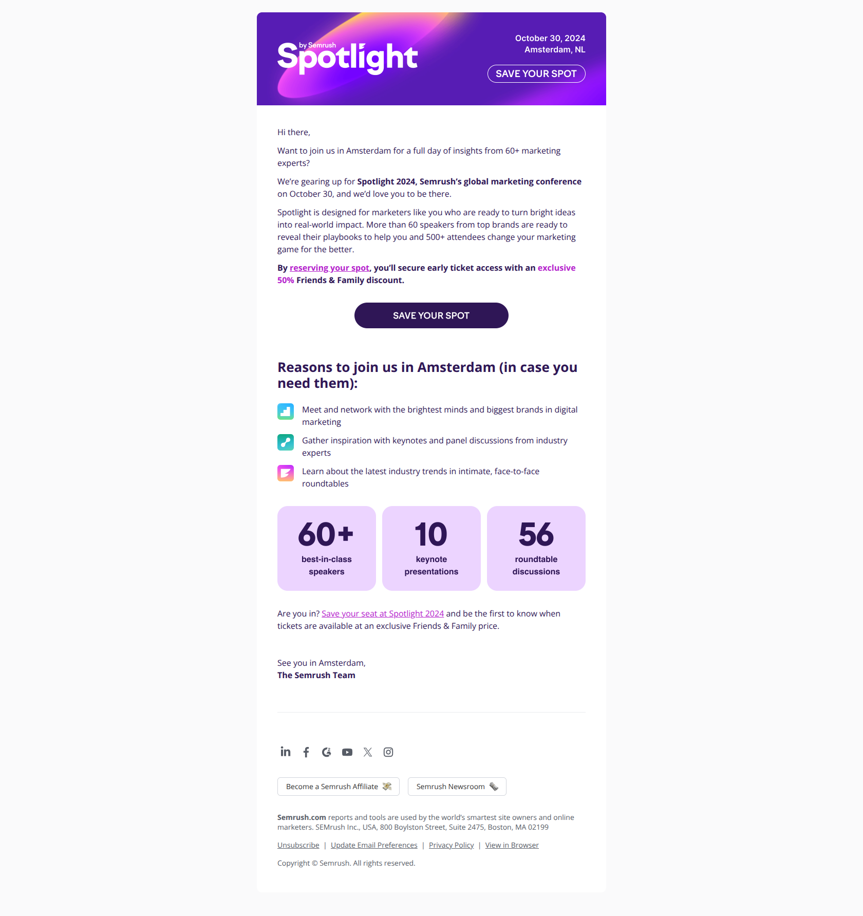 Save the date: Spotlight conference is coming 👇 — email screenshot from SemRush