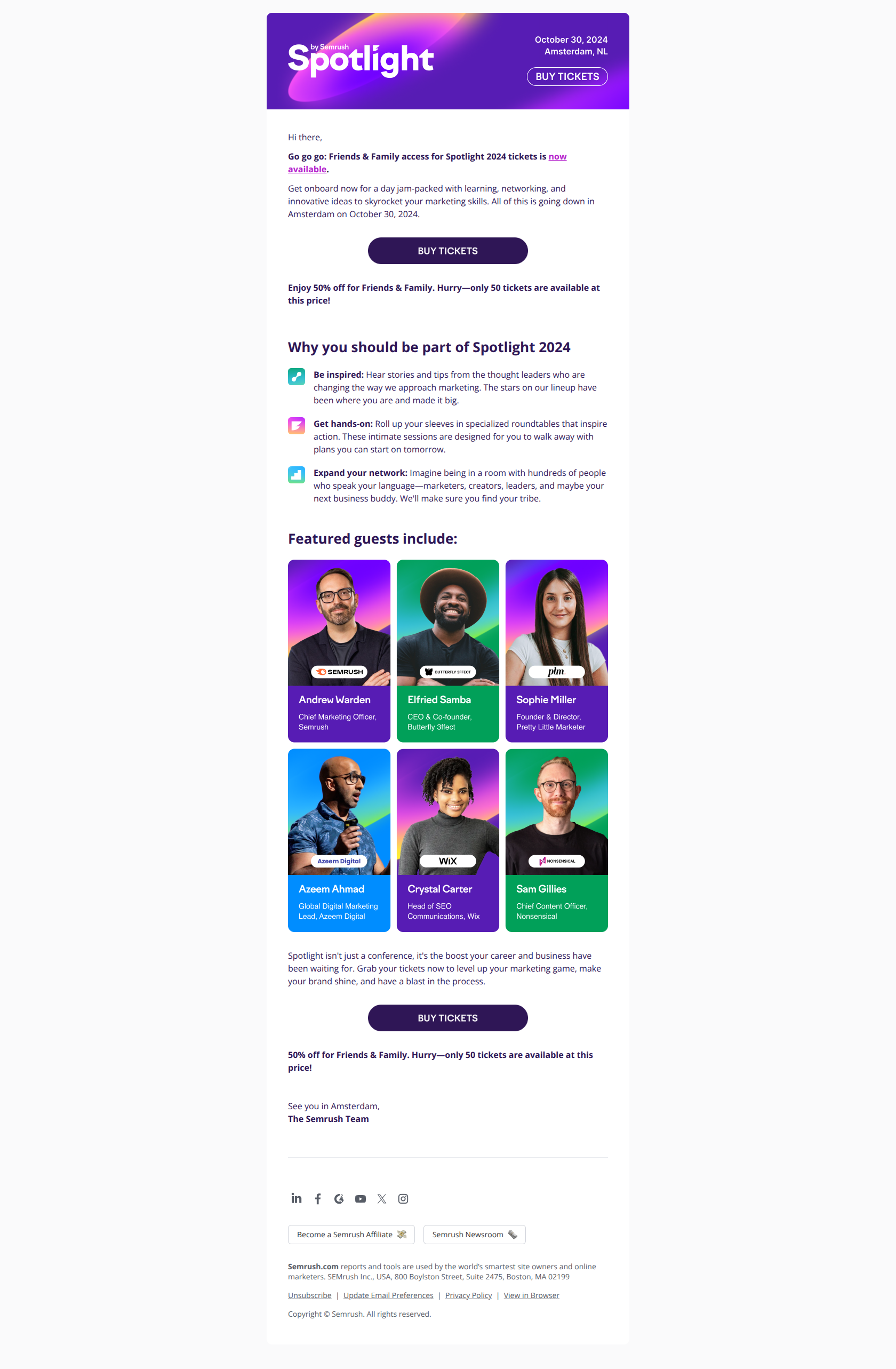 Tickets for Spotlight 2024 out now—are you in? — email screenshot from SemRush
