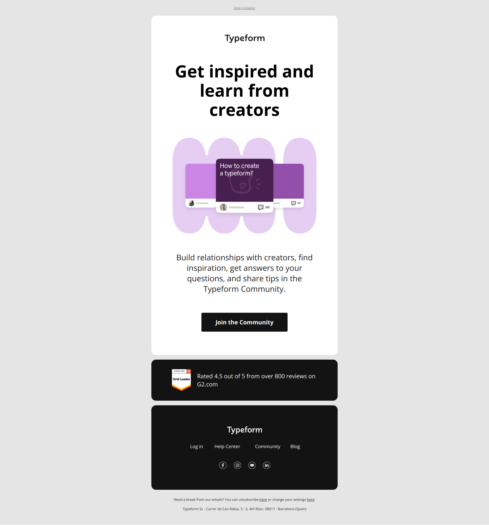 Join the Typeform Community! 🎉 — email screenshot from Typeform