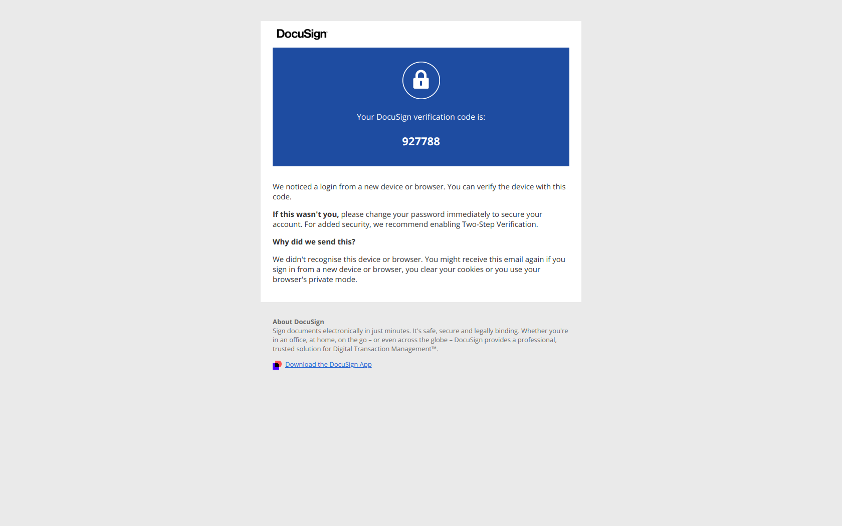 Verify a new device — email screenshot from Docusign