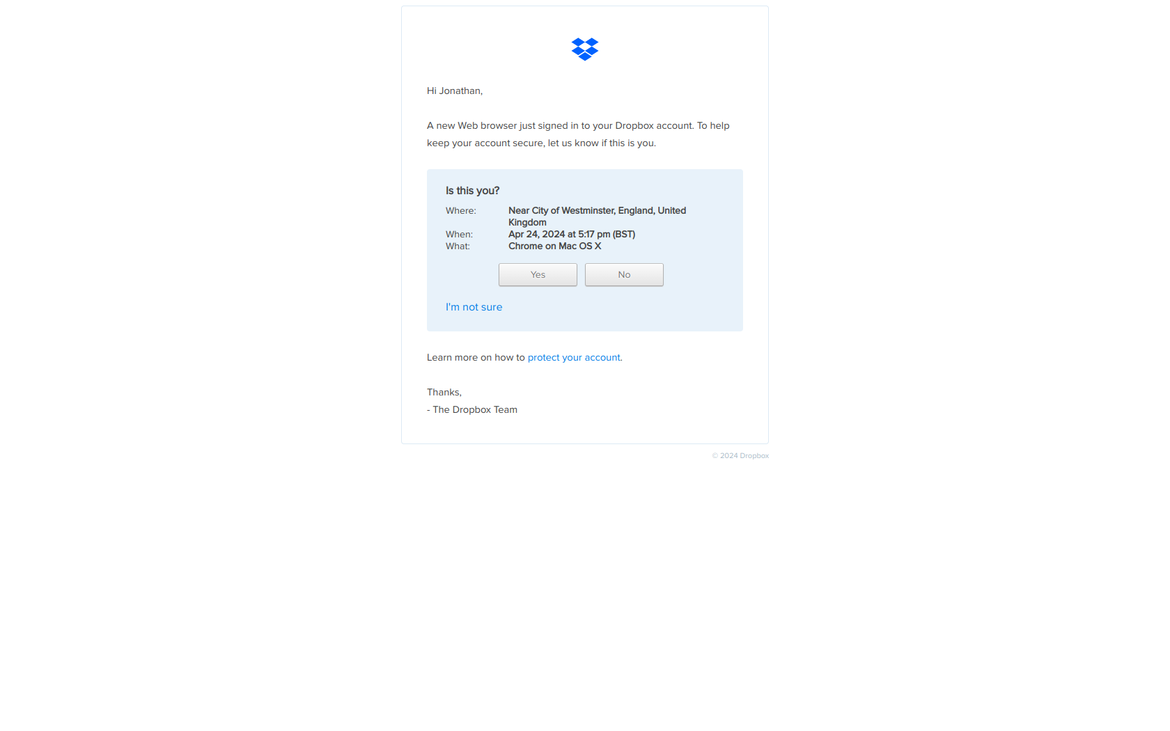 Hi Jonathan, we noticed a new sign in to your Dropbox account — email screenshot from Dropbox