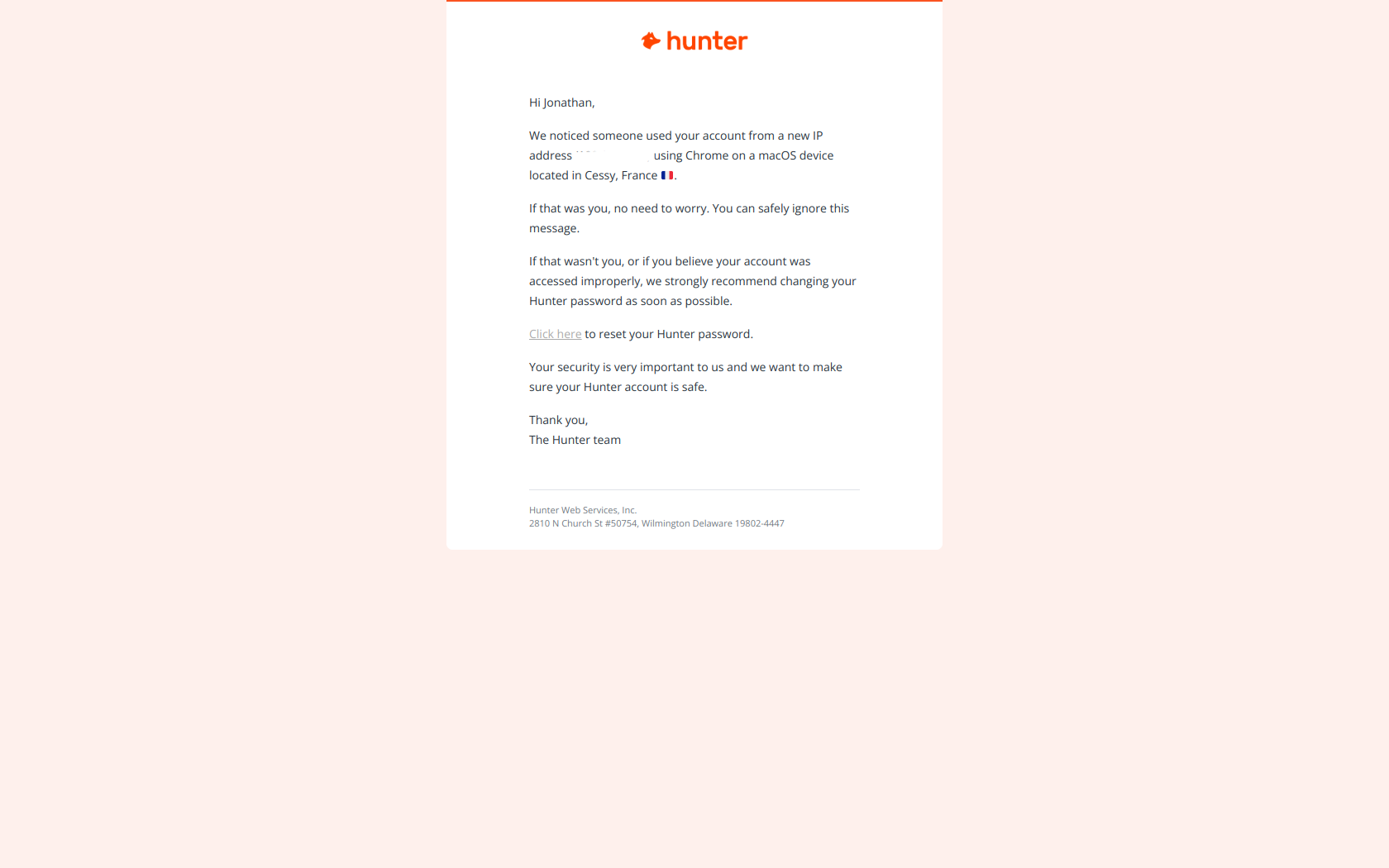 New sign in to your Hunter account — email screenshot from Hunter.io