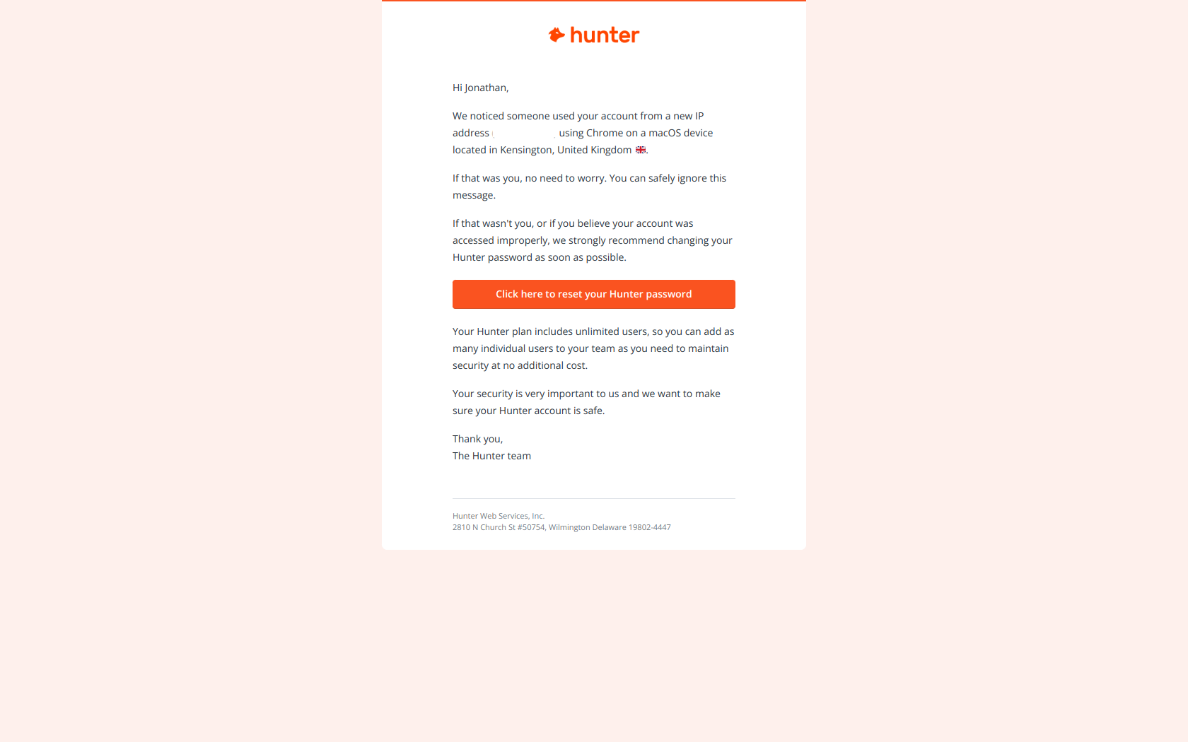 ⚠️ New sign in to your Hunter account — email screenshot from Hunter.io