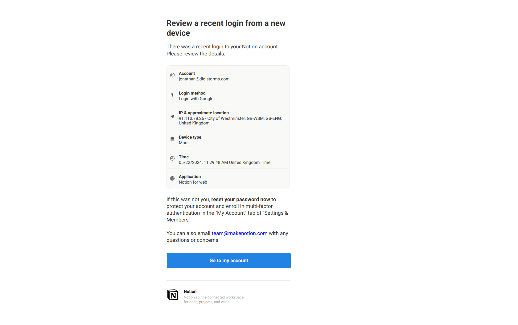 Transactional email example from Notion