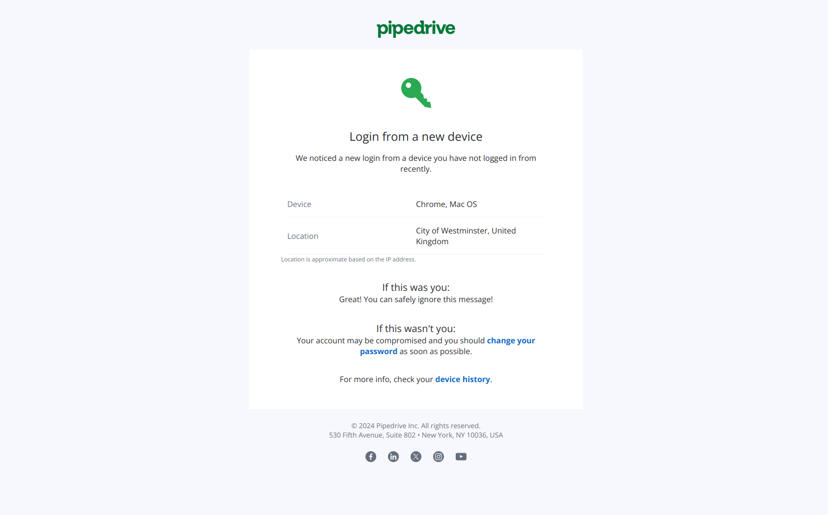 New login to Pipedrive from Chrome, Mac OS — email screenshot from Pipedrive